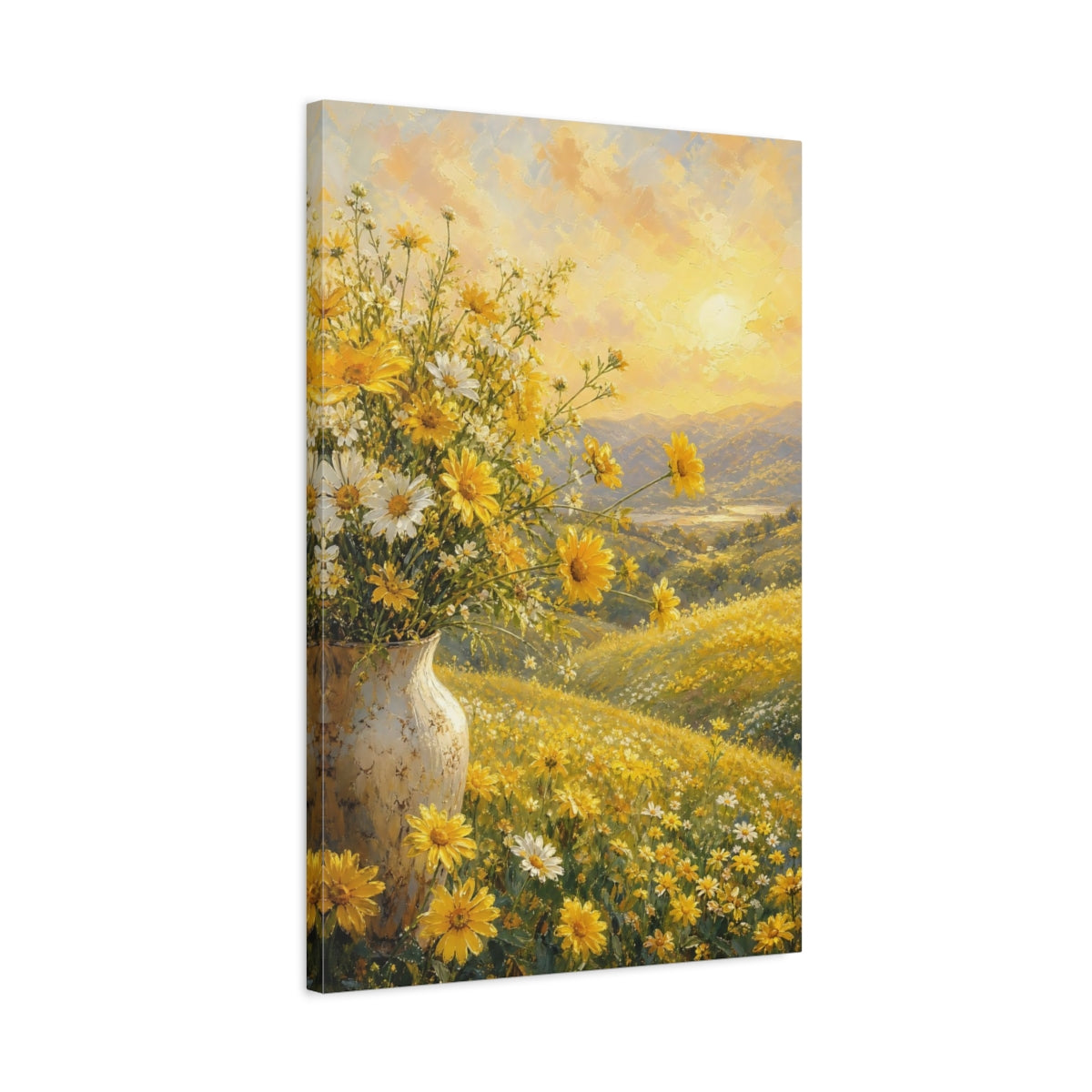 Side Mockup 2. Nature Wildflowers Yellow And Gold shown as stretched canvas wall art
