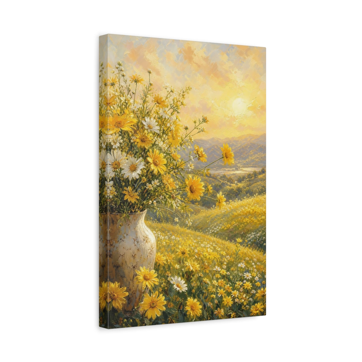 Side Mockup 4. Nature Wildflowers Yellow And Gold shown as stretched canvas wall art