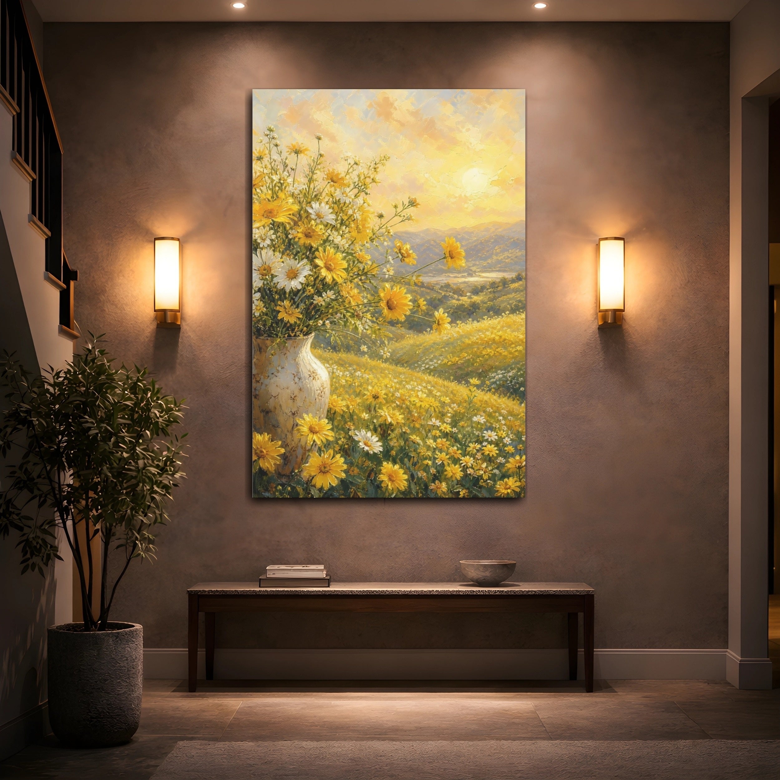 Mockup 2. Nature Wildflowers Yellow And Gold shown as stretched canvas wall art