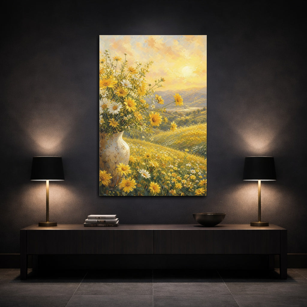 Mockup 3. Nature Wildflowers Yellow And Gold shown as stretched canvas wall art