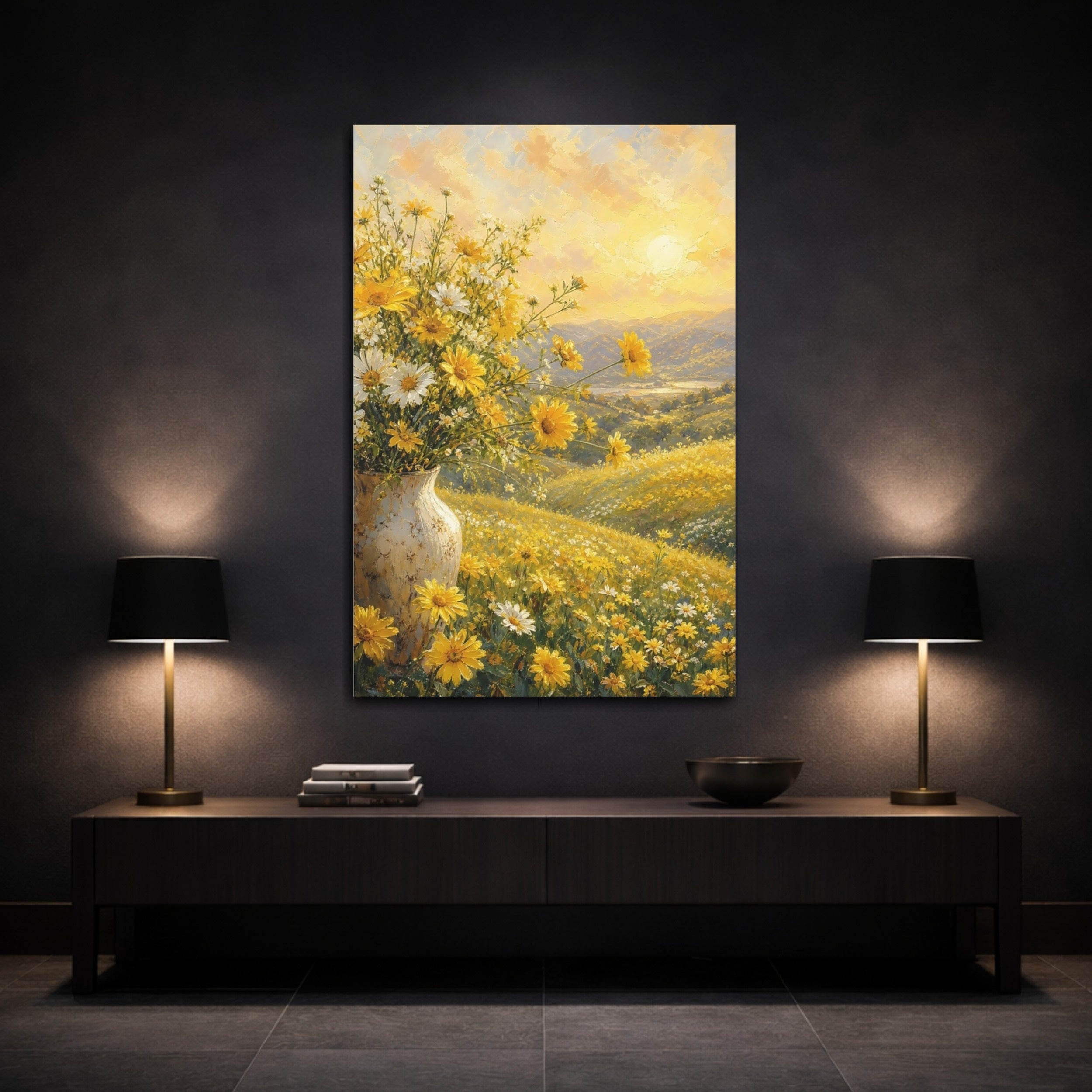 Mockup 3. Nature Wildflowers Yellow And Gold shown as stretched canvas wall art