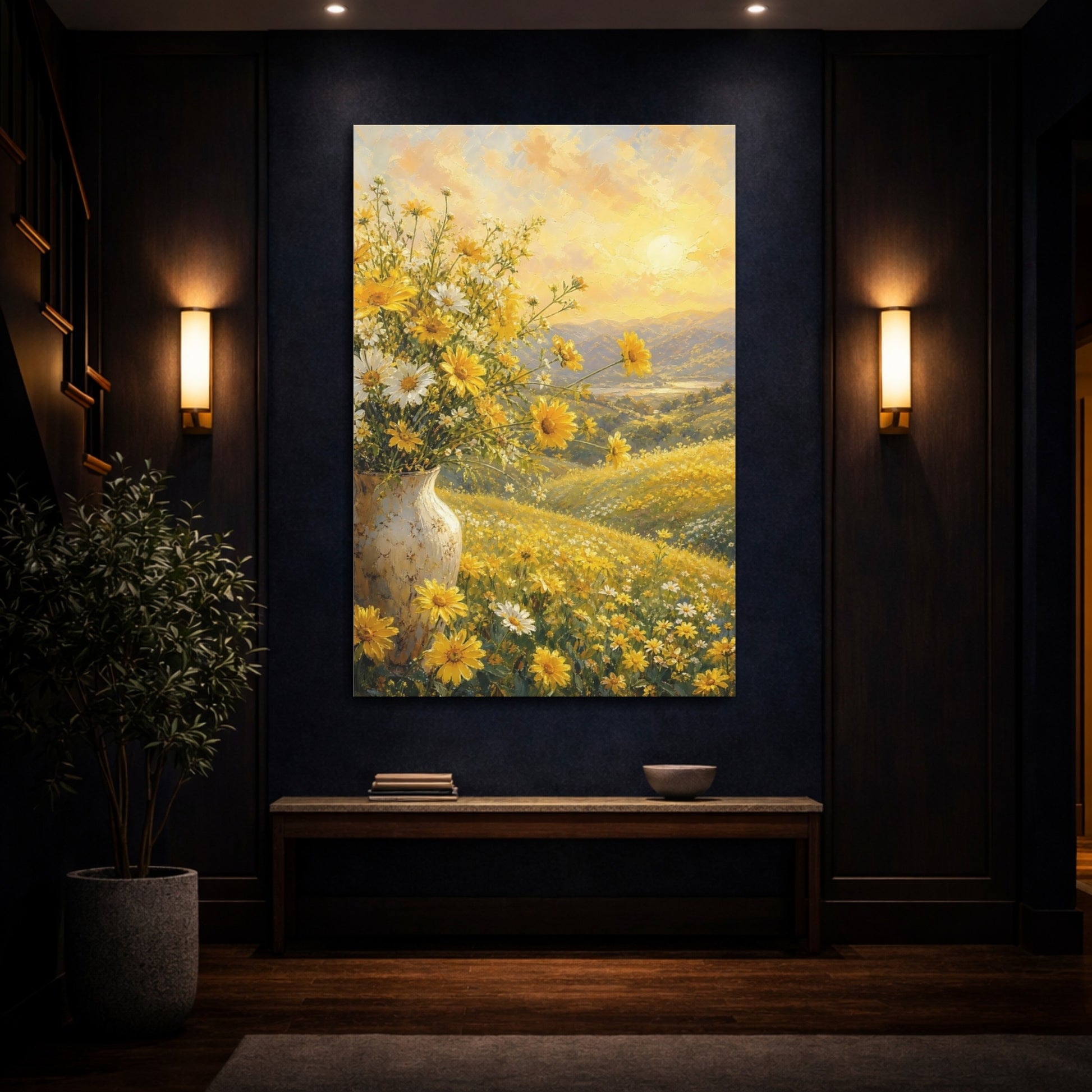 Mockup 4. Nature Wildflowers Yellow And Gold shown as stretched canvas wall art