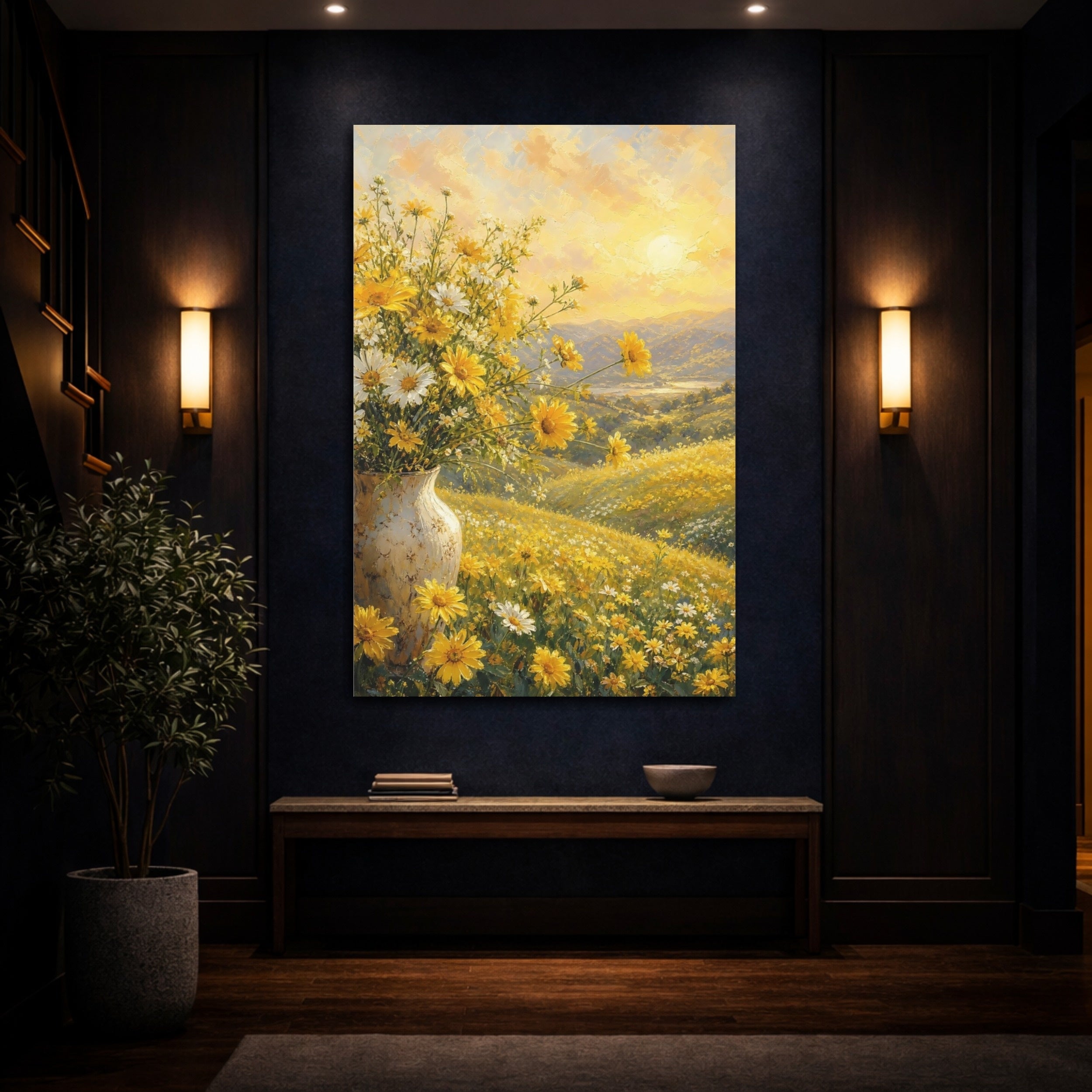Mockup 4. Nature Wildflowers Yellow And Gold shown as stretched canvas wall art