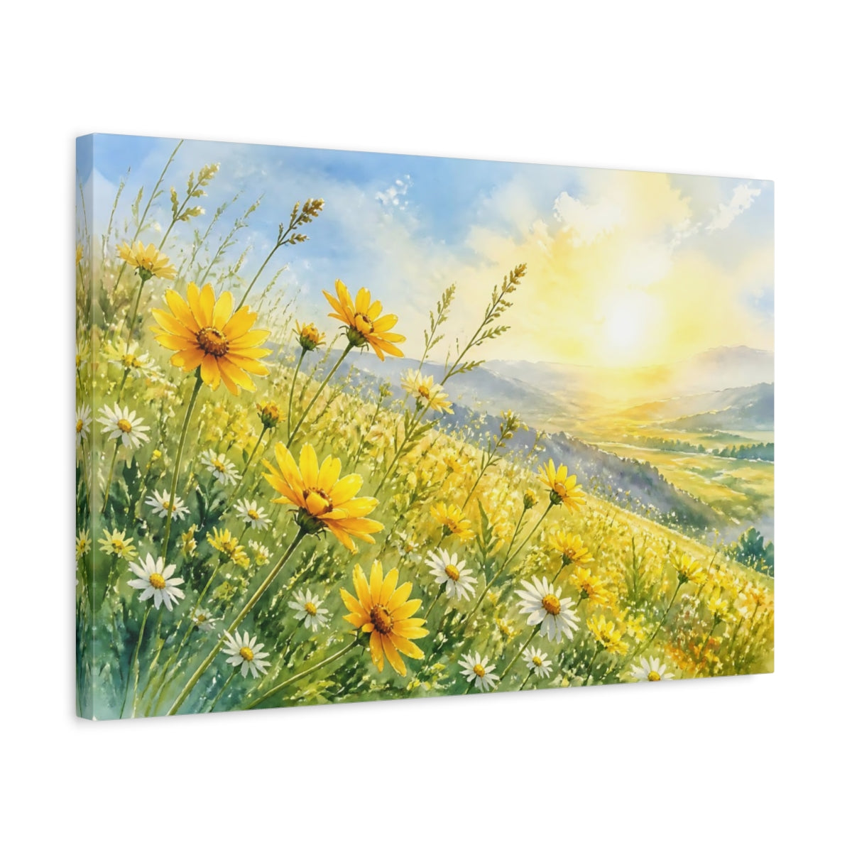 Side Mockup 3. Nature Wildflowers Yellow Wildflowers shown as stretched canvas wall art
