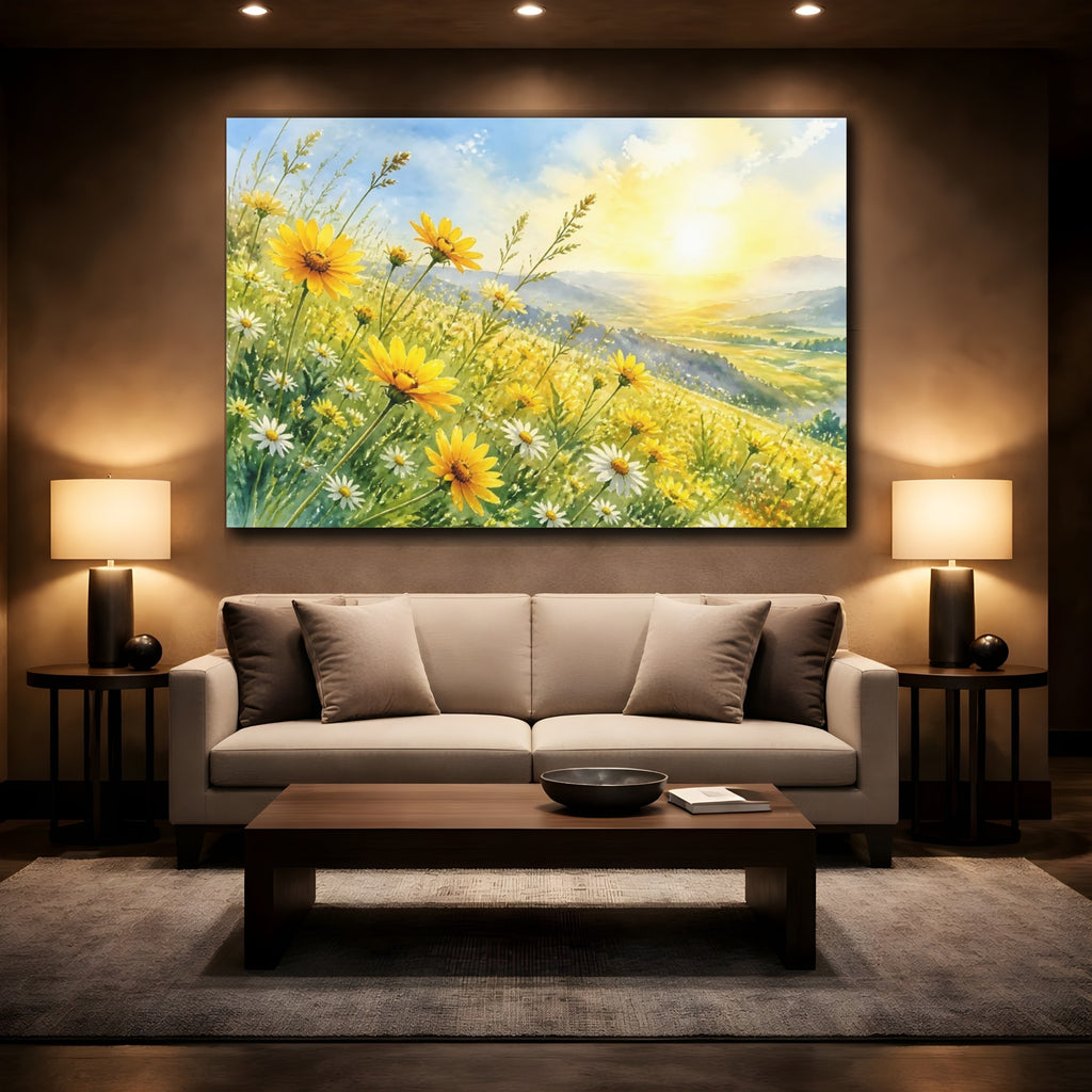 Mockup 2. Nature Wildflowers Yellow Wildflowers shown as stretched canvas wall art