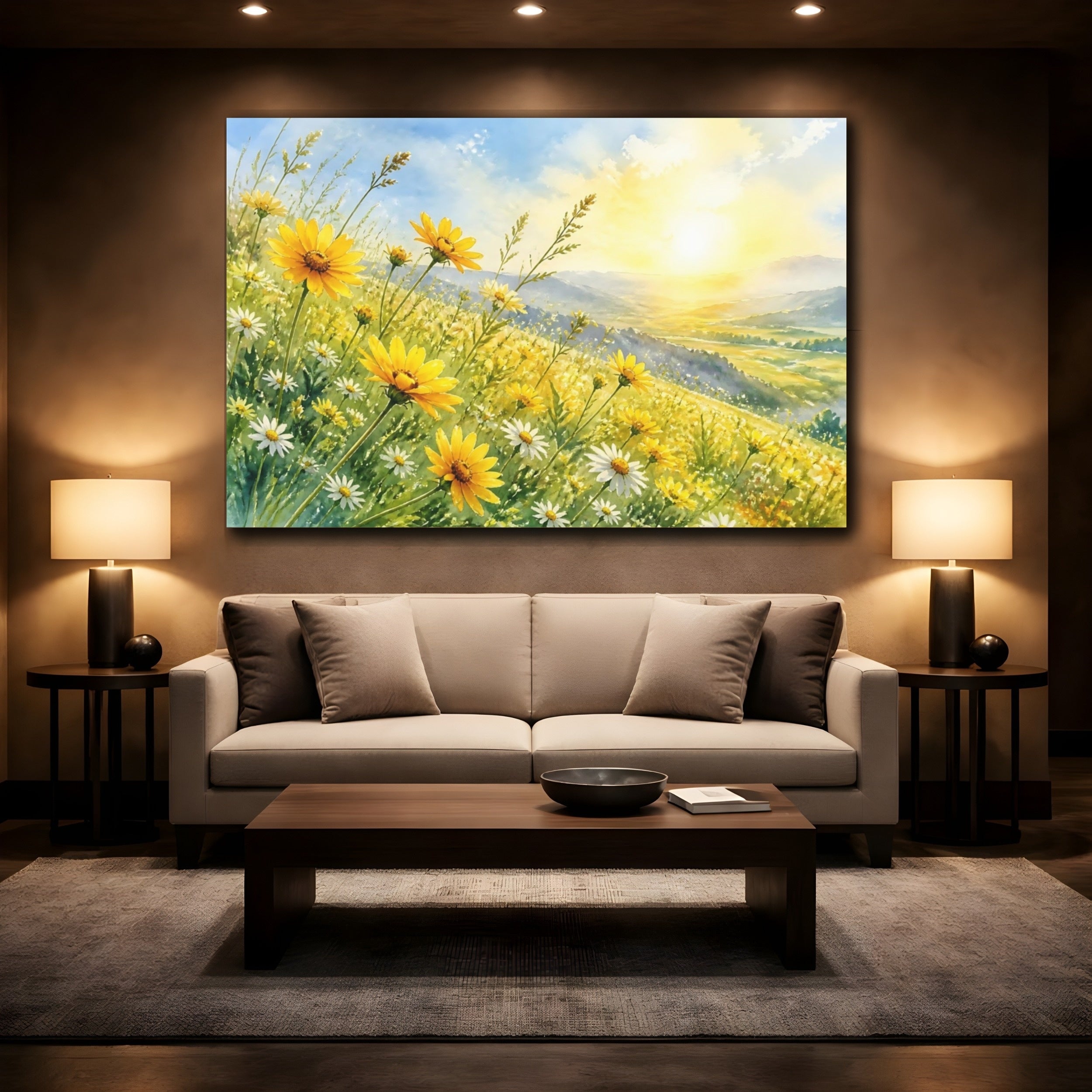 Mockup 2. Nature Wildflowers Yellow Wildflowers shown as stretched canvas wall art