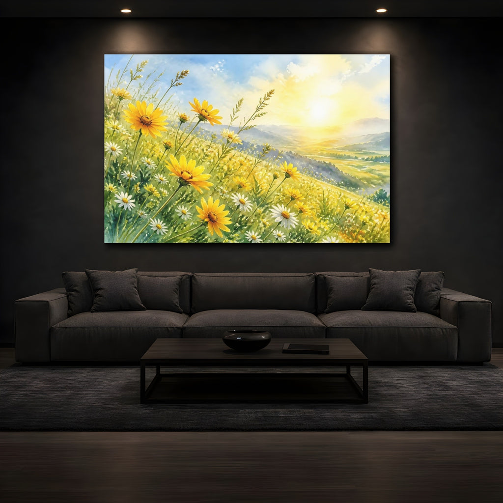 Mockup 3. Nature Wildflowers Yellow Wildflowers shown as stretched canvas wall art