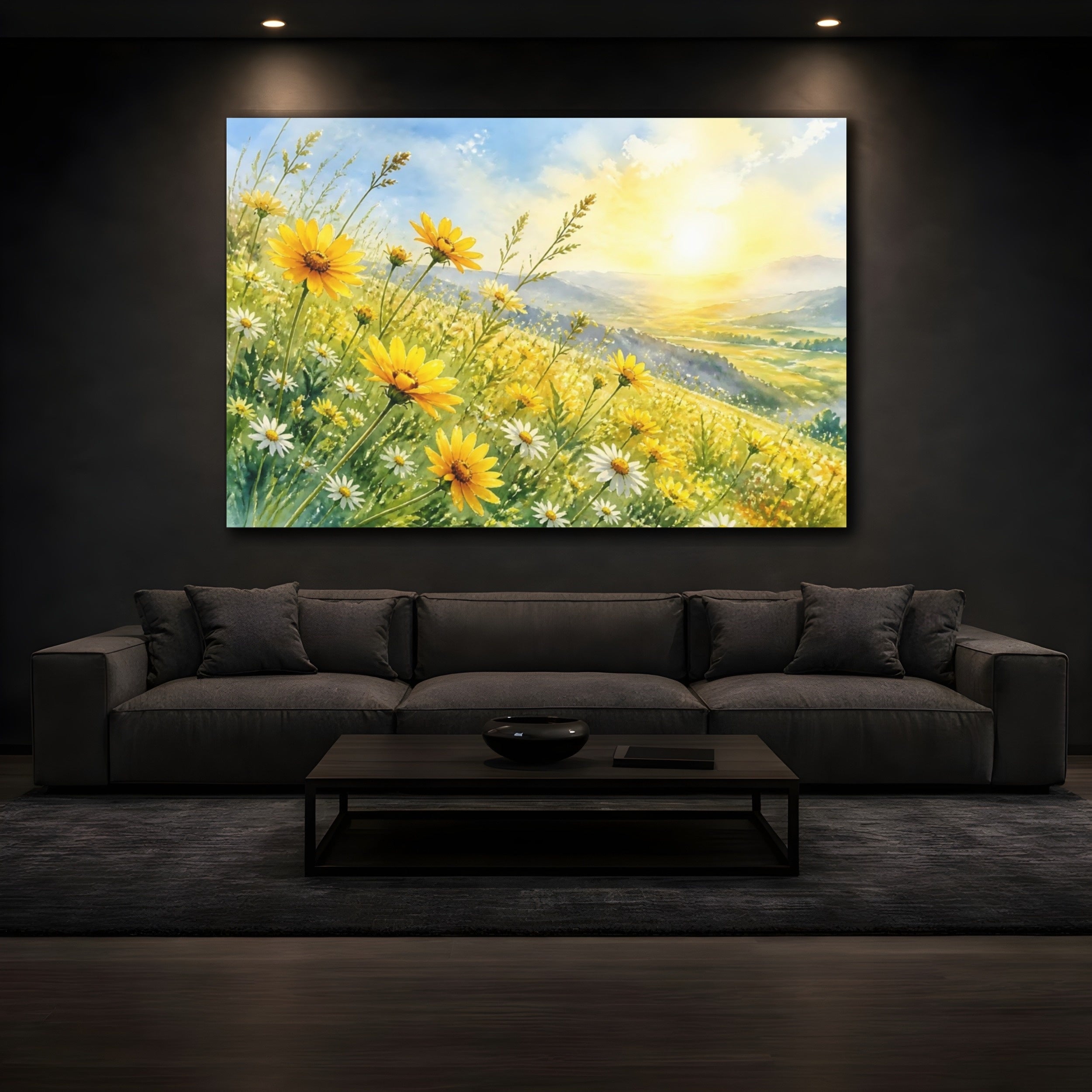 Mockup 3. Nature Wildflowers Yellow Wildflowers shown as stretched canvas wall art