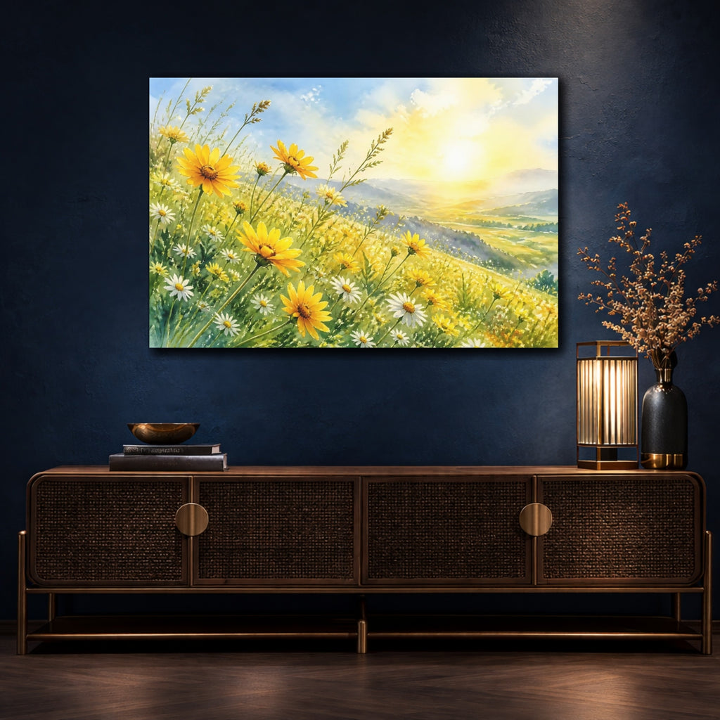 Mockup 4. Nature Wildflowers Yellow Wildflowers shown as stretched canvas wall art