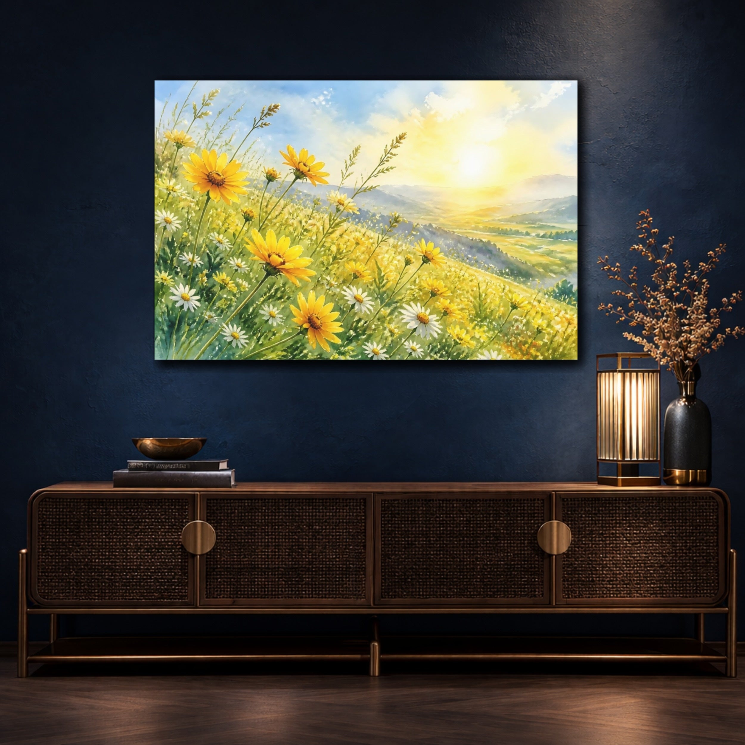 Mockup 4. Nature Wildflowers Yellow Wildflowers shown as stretched canvas wall art