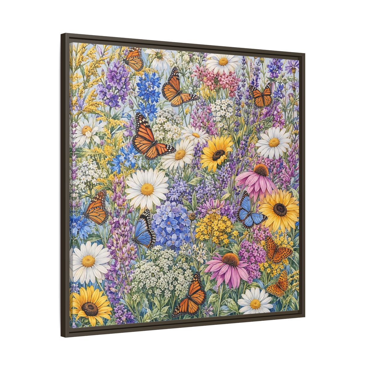 Main Mockup. Nature Wildflowers, Butterflies Vibrant Wildflowers shown as stretched canvas wall art