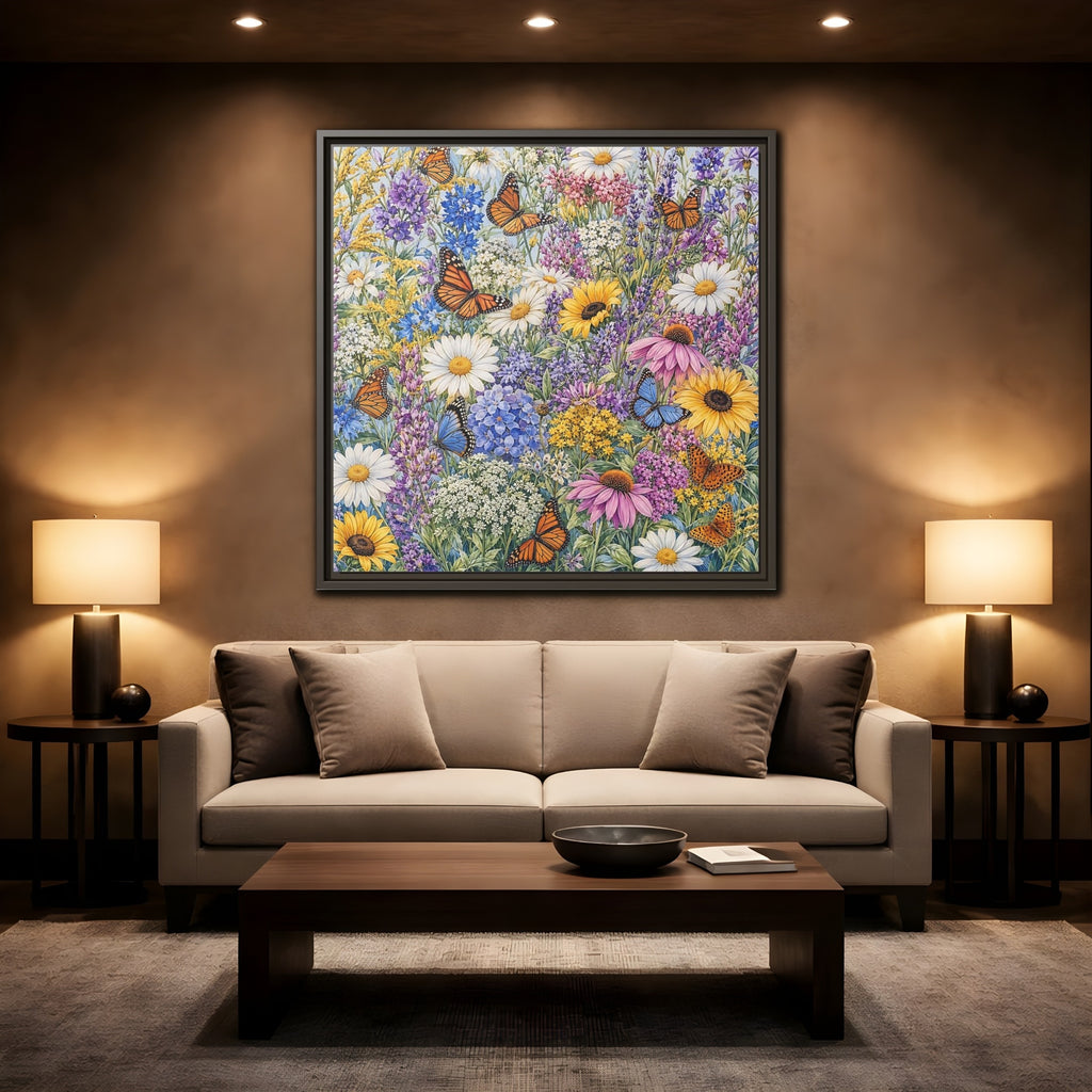 Mockup 2. Nature Wildflowers, Butterflies Vibrant Wildflowers shown as stretched canvas wall art