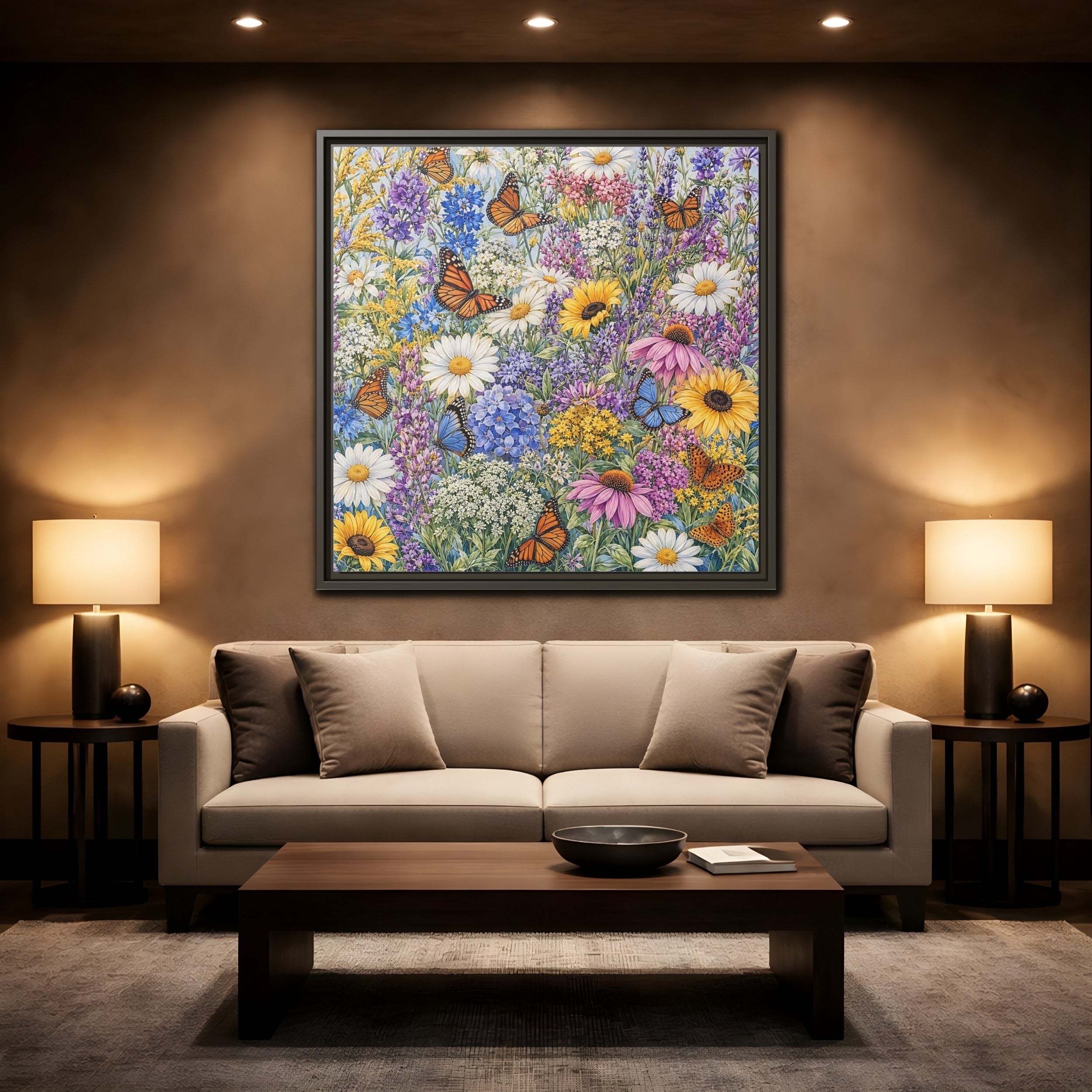 Mockup 2. Nature Wildflowers, Butterflies Vibrant Wildflowers shown as stretched canvas wall art