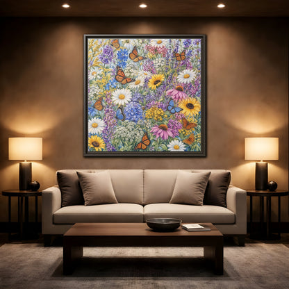 Mockup 2. Nature Wildflowers, Butterflies Vibrant Wildflowers shown as stretched canvas wall art
