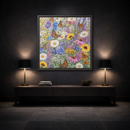 Mockup 3. Nature Wildflowers, Butterflies Vibrant Wildflowers shown as stretched canvas wall art