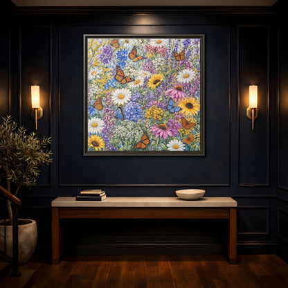 Mockup 4. Nature Wildflowers, Butterflies Vibrant Wildflowers shown as stretched canvas wall art