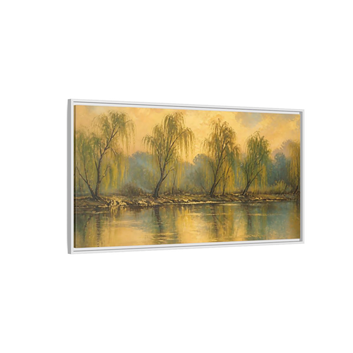 Side Mockup 3. Nature Willow Trees Golden Green shown as stretched canvas wall art