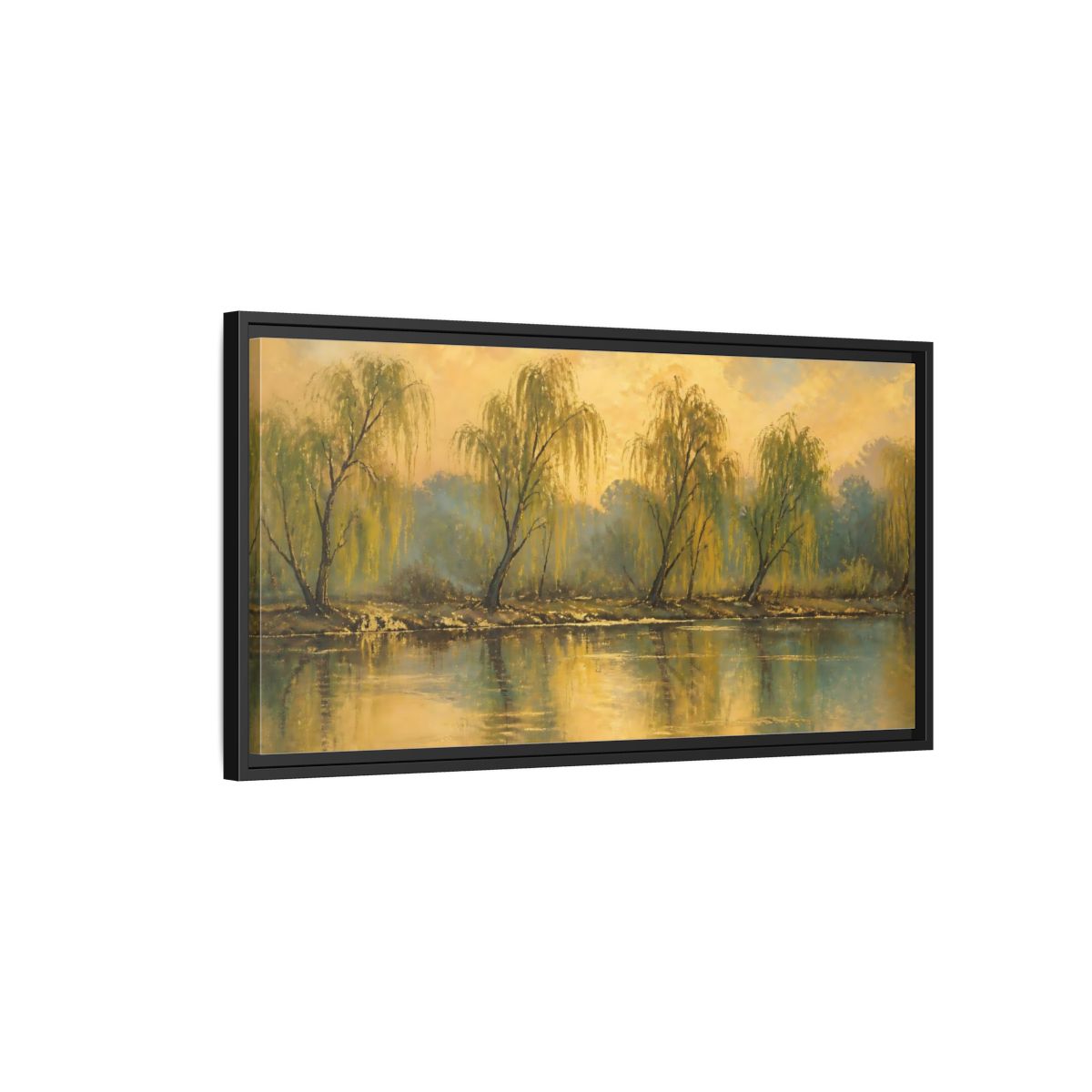 Side Mockup 2. Nature Willow Trees Golden Green shown as stretched canvas wall art