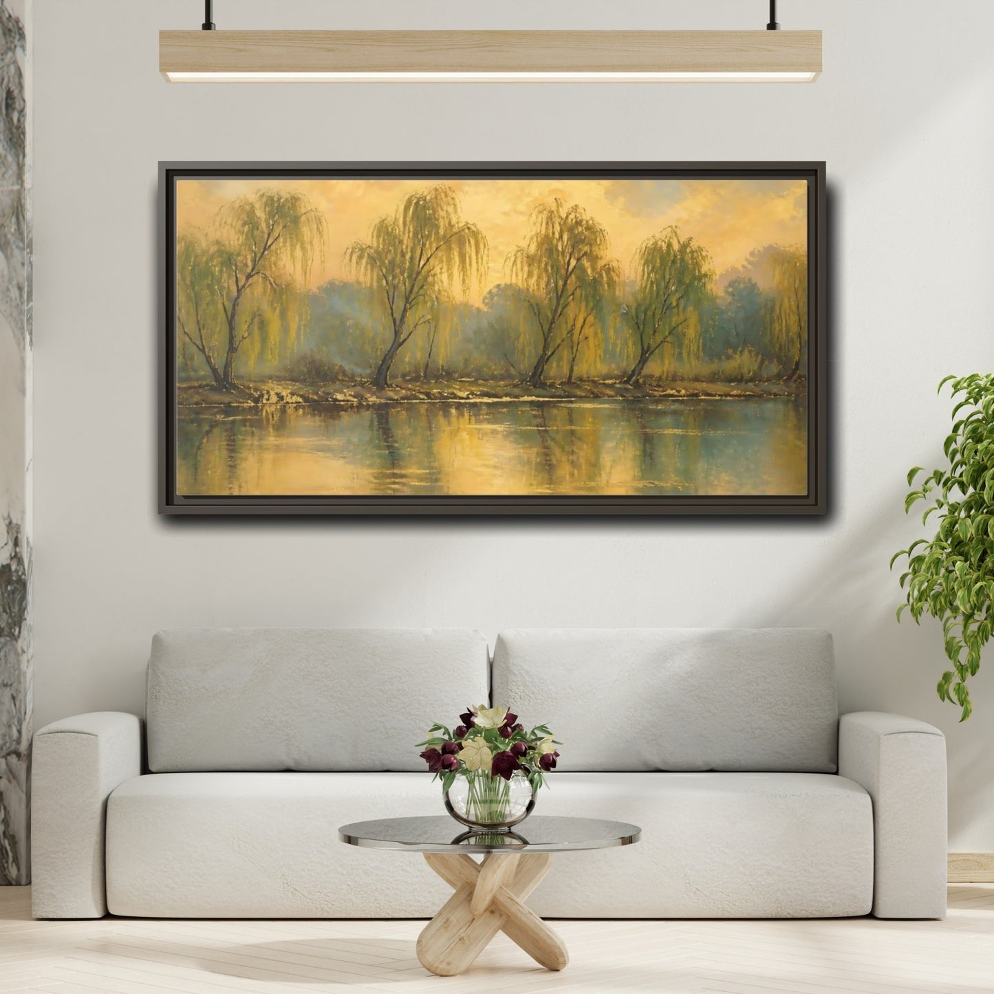 Mockup 2. Nature Willow Trees Golden Green shown as stretched canvas wall art