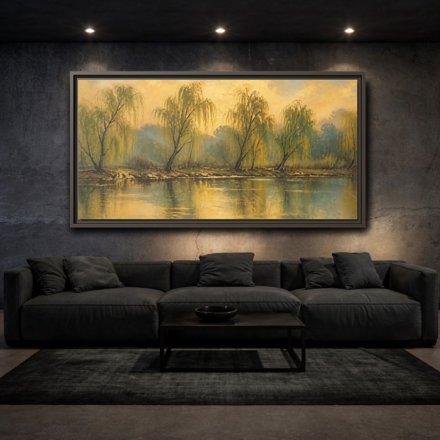 Mockup 3. Nature Willow Trees Golden Green shown as stretched canvas wall art