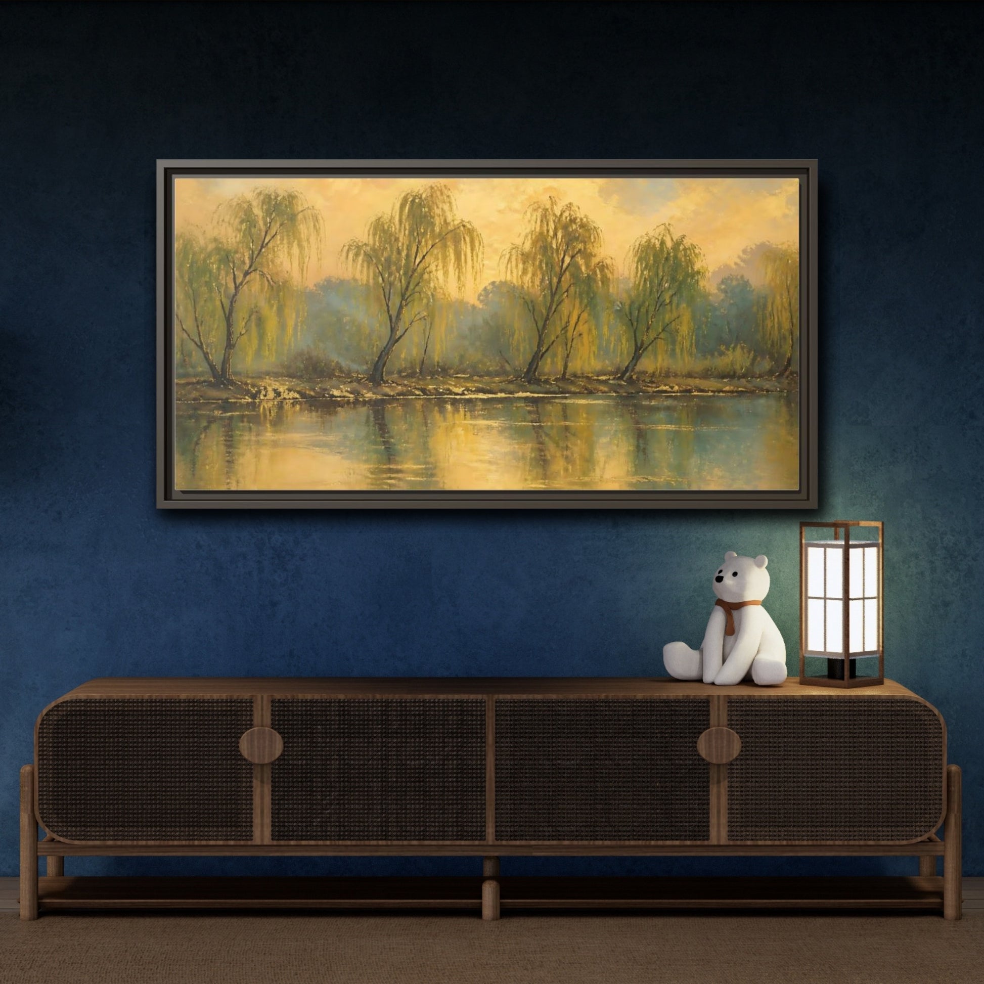 Mockup 4. Nature Willow Trees Golden Green shown as stretched canvas wall art