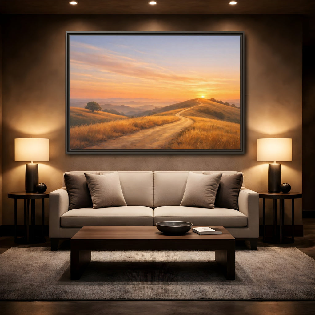 Mockup 2. Nature Winding Path Golden Sunset Landscape shown as stretched canvas wall art