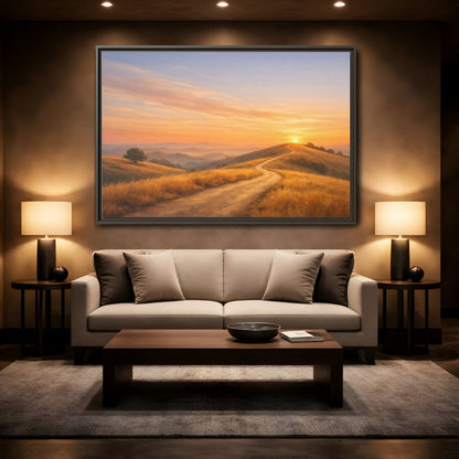 Mockup 2. Nature Winding Path Golden Sunset Landscape shown as stretched canvas wall art
