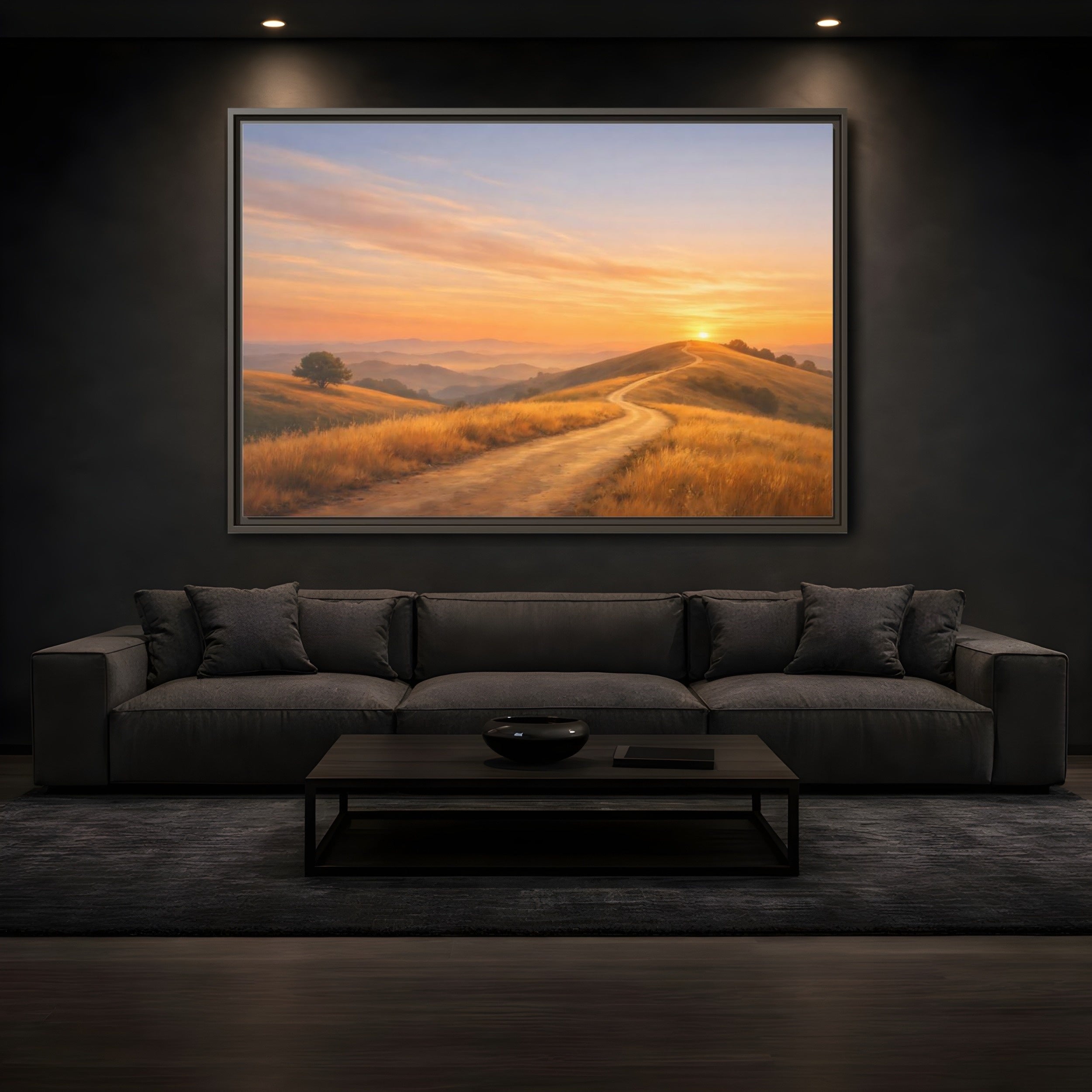 Mockup 3. Nature Winding Path Golden Sunset Landscape shown as stretched canvas wall art