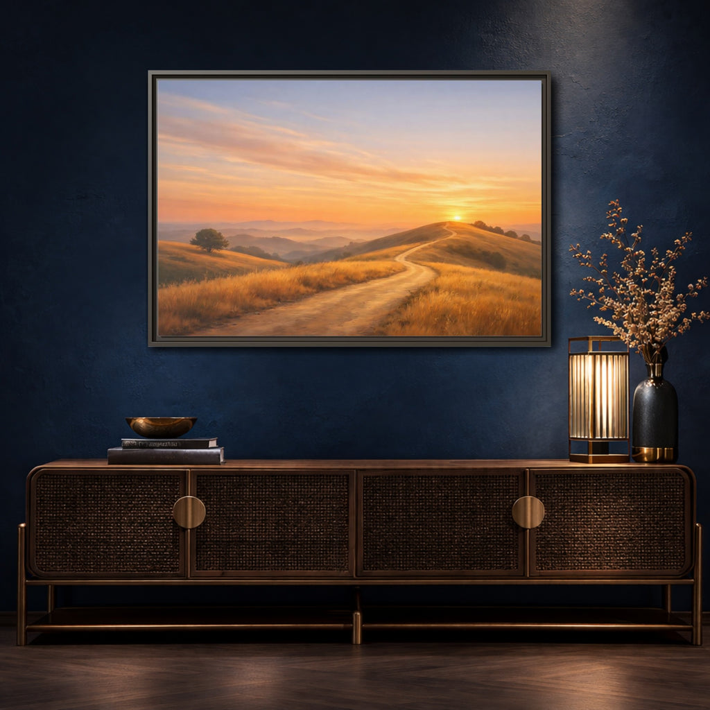 Mockup 4. Nature Winding Path Golden Sunset Landscape shown as stretched canvas wall art