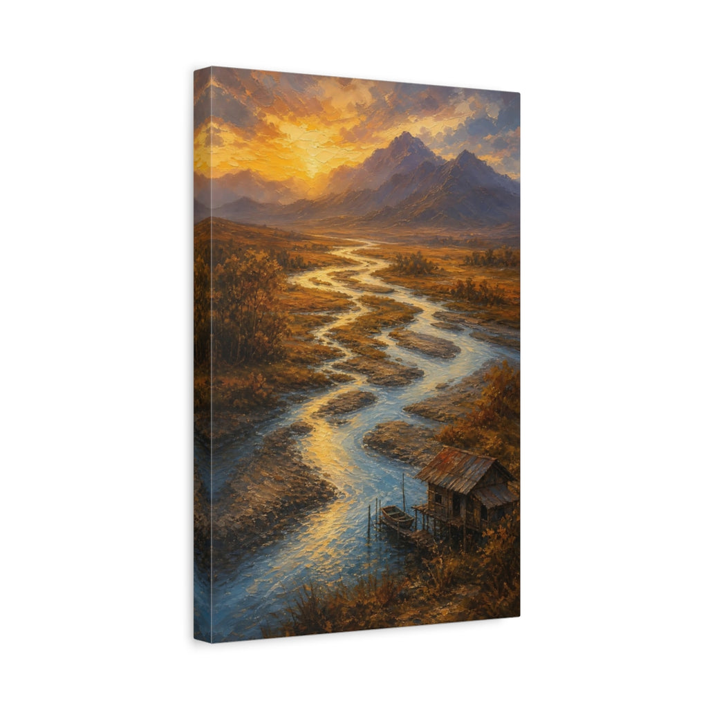Side Mockup 4. Nature Winding River Golden Sunset River shown as stretched canvas wall art