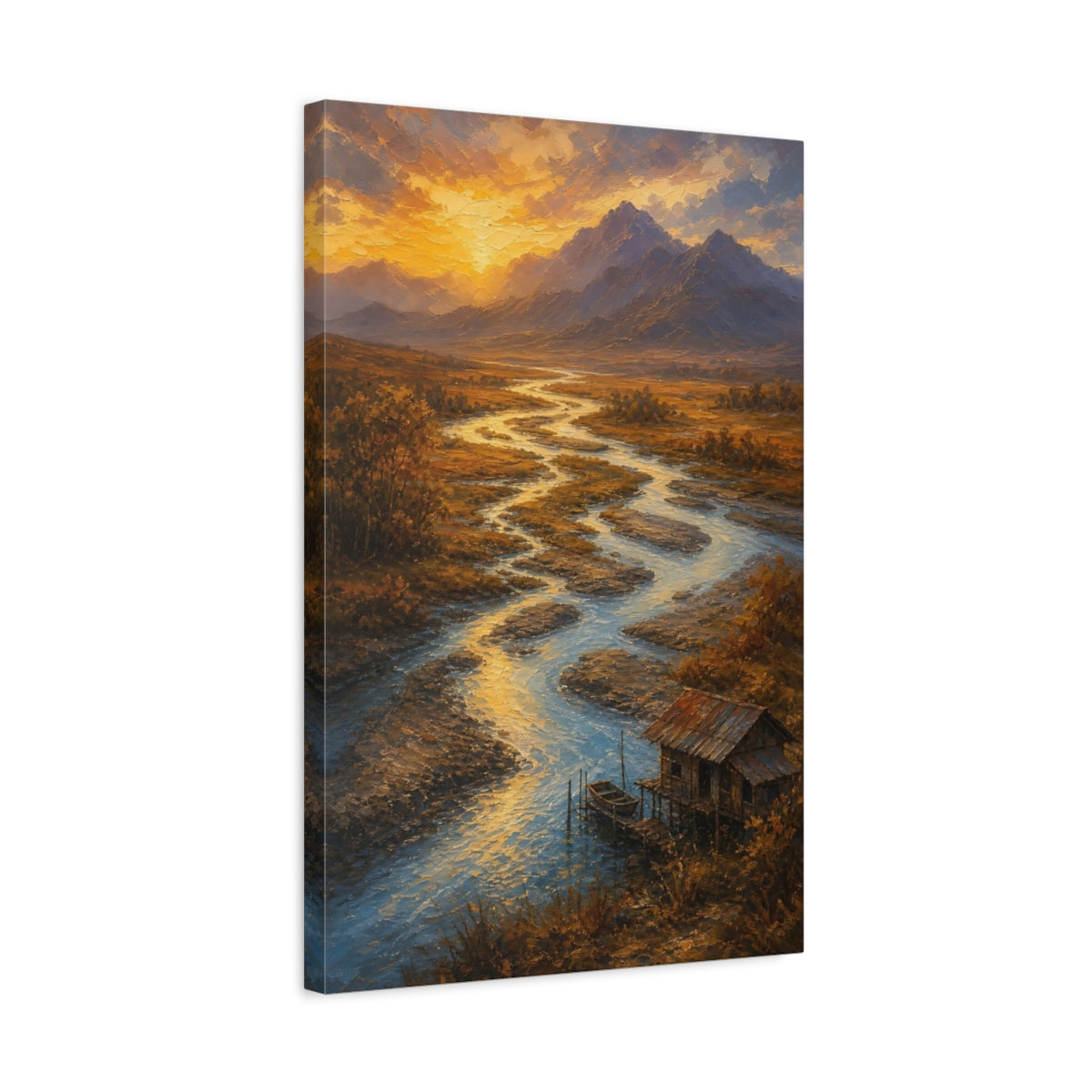 Side Mockup 3. Nature Winding River Golden Sunset River shown as stretched canvas wall art