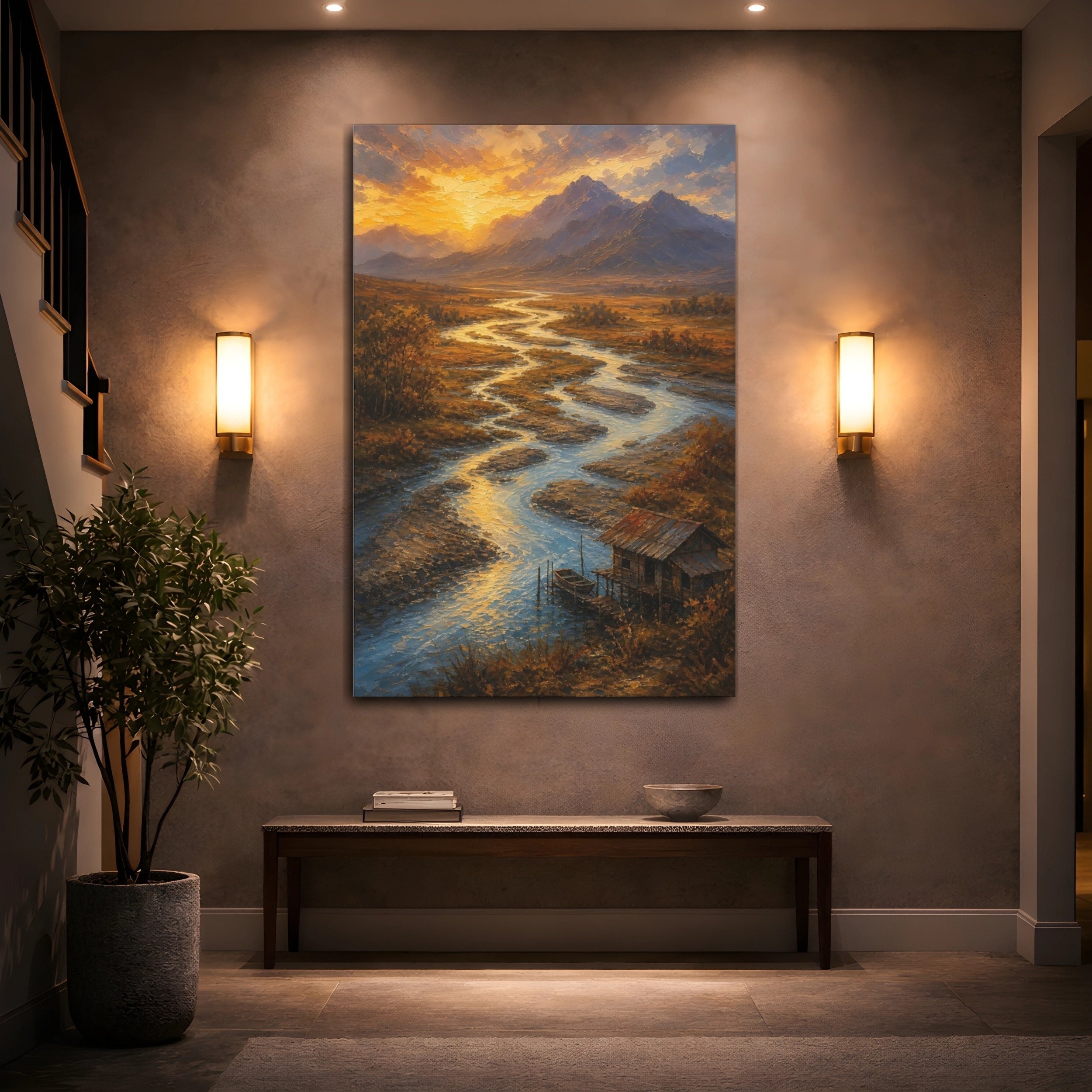 Mockup 2. Nature Winding River Golden Sunset River shown as stretched canvas wall art
