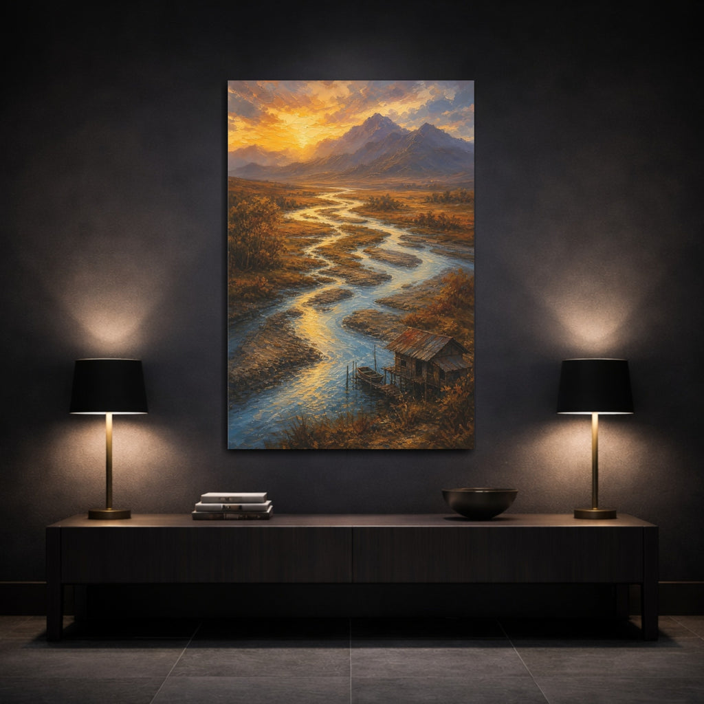 Mockup 3. Nature Winding River Golden Sunset River shown as stretched canvas wall art