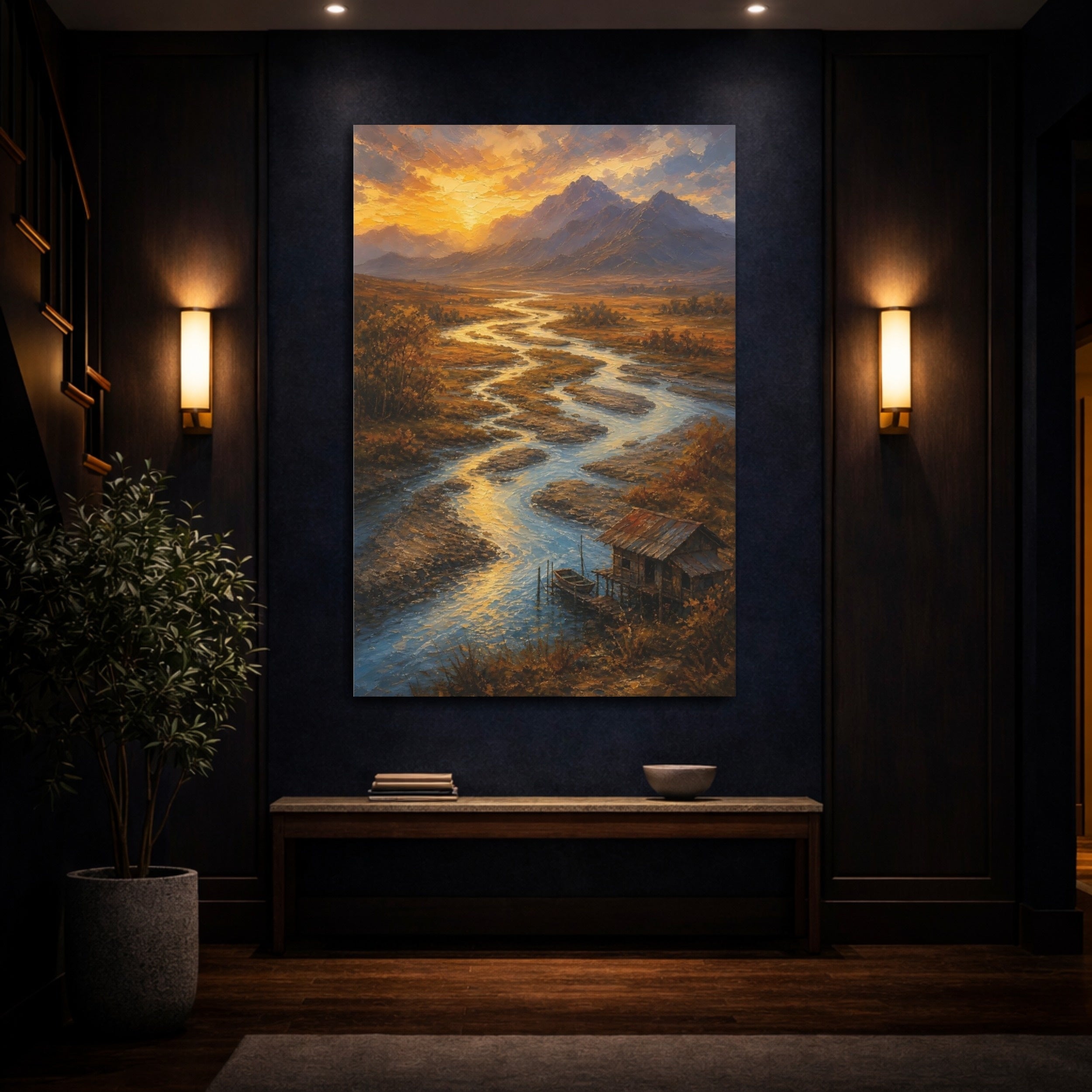 Mockup 4. Nature Winding River Golden Sunset River shown as stretched canvas wall art