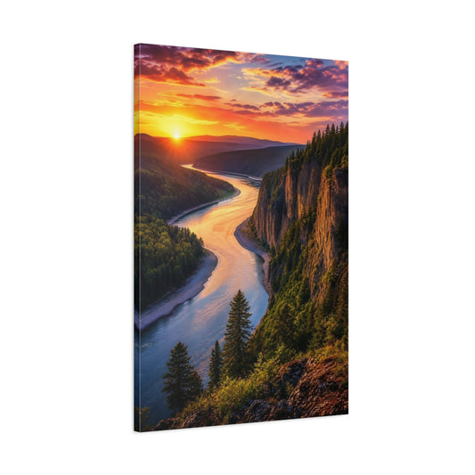 Main Mockup. Nature Winding River Orange Blue Landscape shown as stretched canvas wall art
