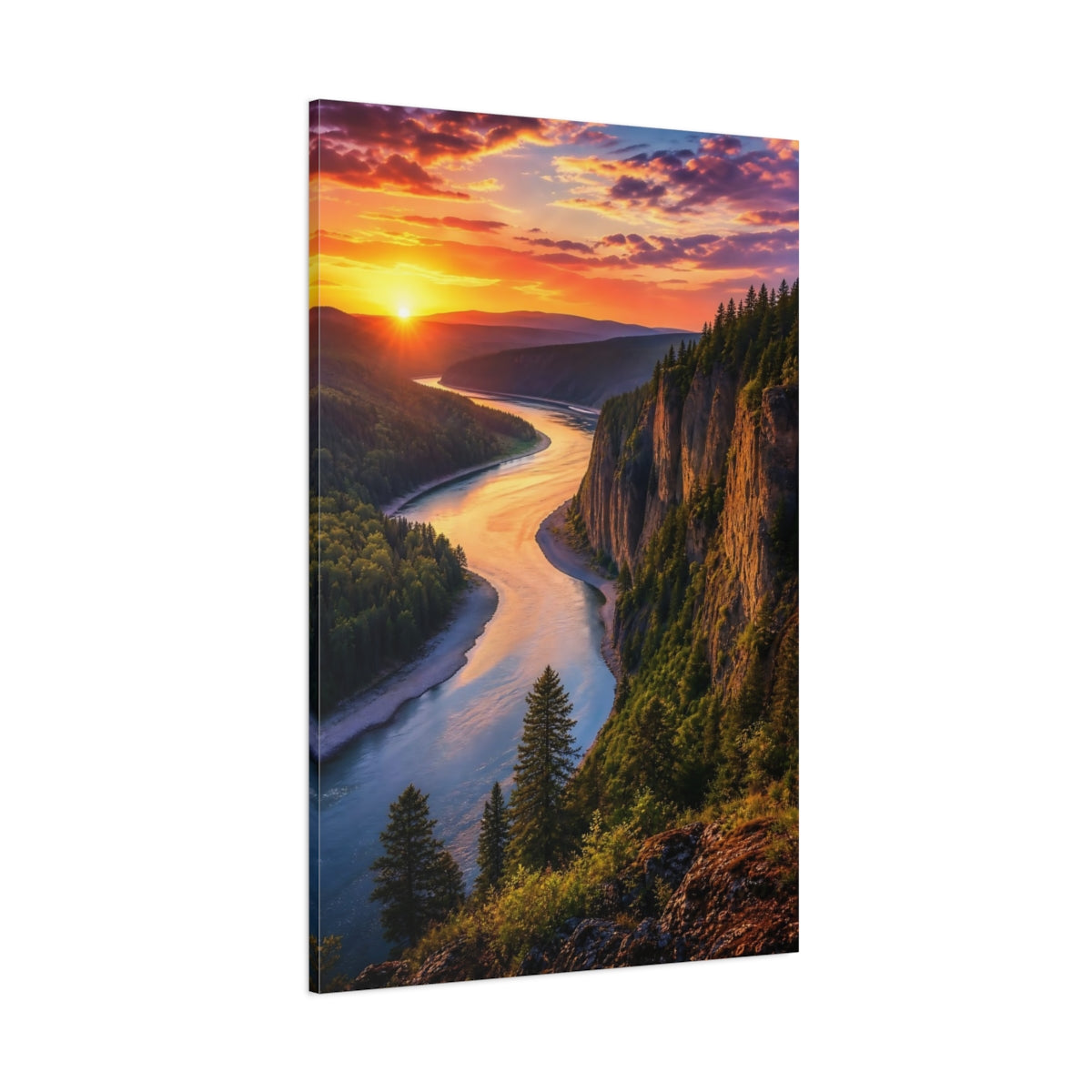 Side Mockup 1. Nature Winding River Orange Blue Landscape shown as stretched canvas wall art