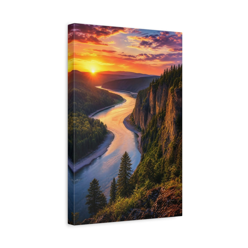 Side Mockup 4. Nature Winding River Orange Blue Landscape shown as stretched canvas wall art