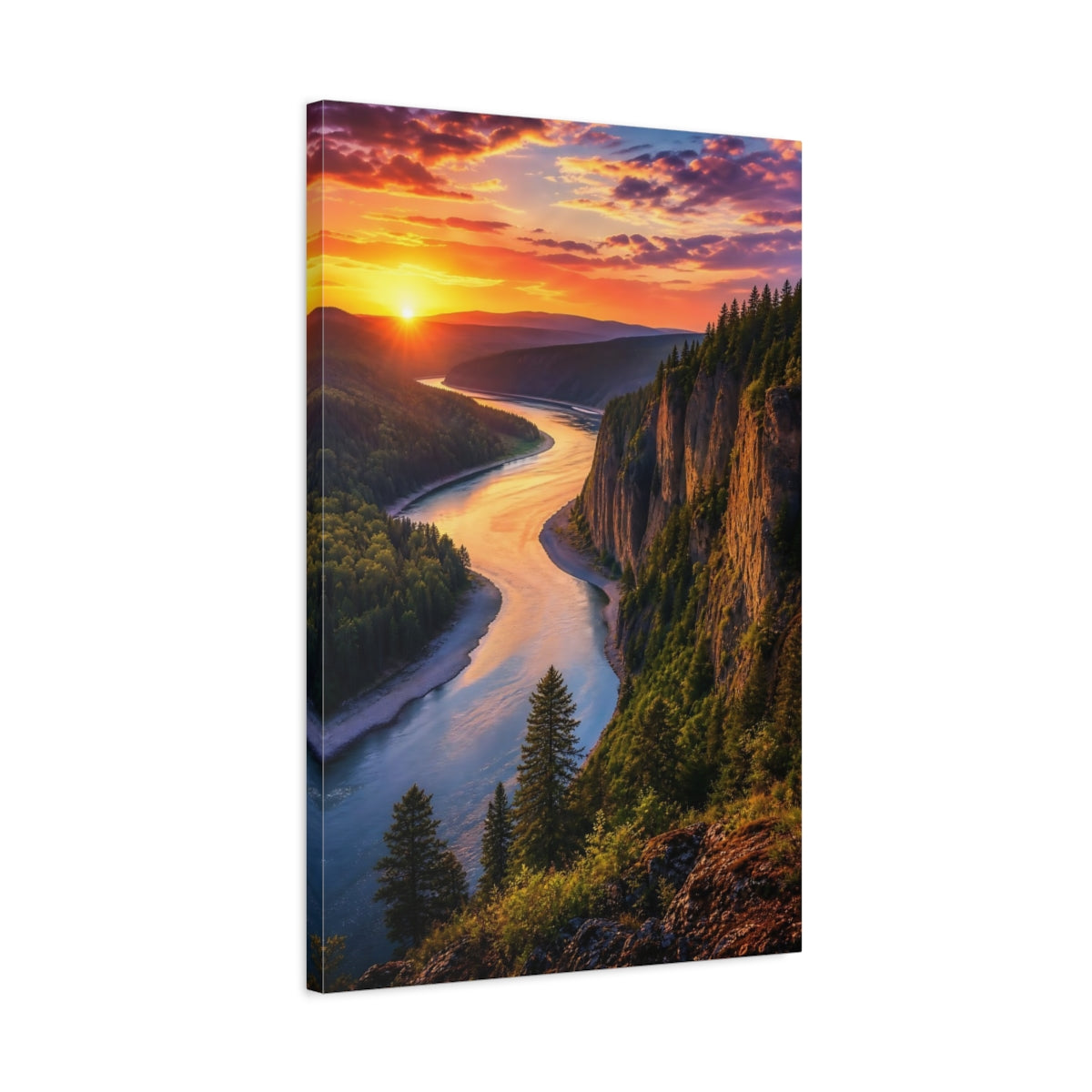 Side Mockup 2. Nature Winding River Orange Blue Landscape shown as stretched canvas wall art