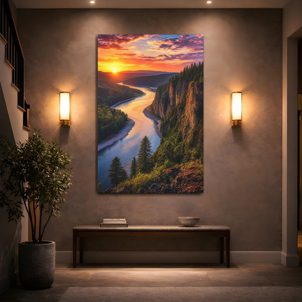 Mockup 2. Nature Winding River Orange Blue Landscape shown as stretched canvas wall art