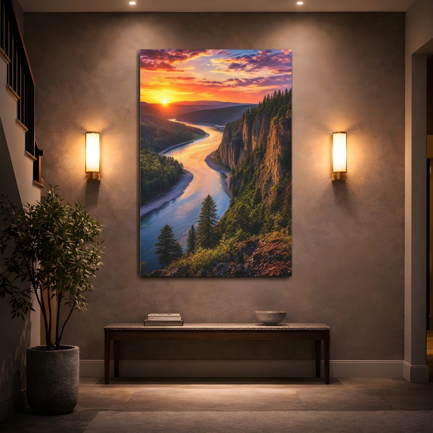 Mockup 2. Nature Winding River Orange Blue Landscape shown as stretched canvas wall art