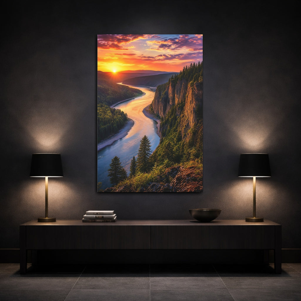 Mockup 3. Nature Winding River Orange Blue Landscape shown as stretched canvas wall art