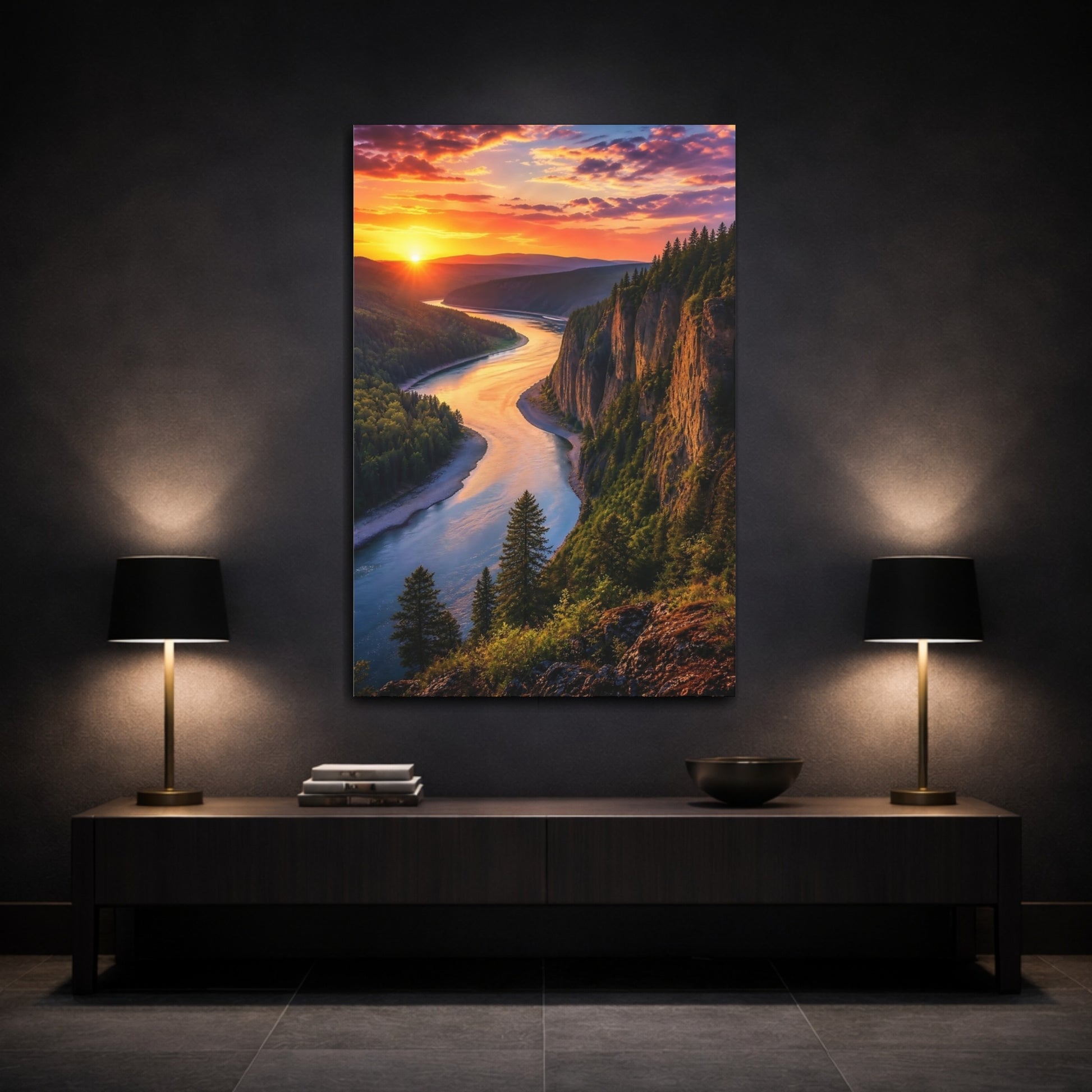 Mockup 3. Nature Winding River Orange Blue Landscape shown as stretched canvas wall art