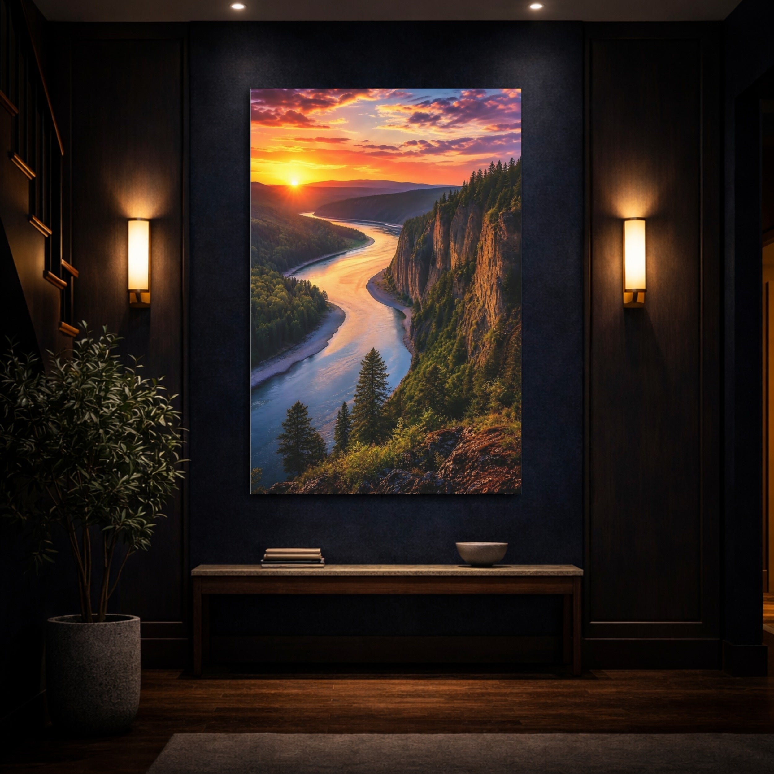 Mockup 4. Nature Winding River Orange Blue Landscape shown as stretched canvas wall art