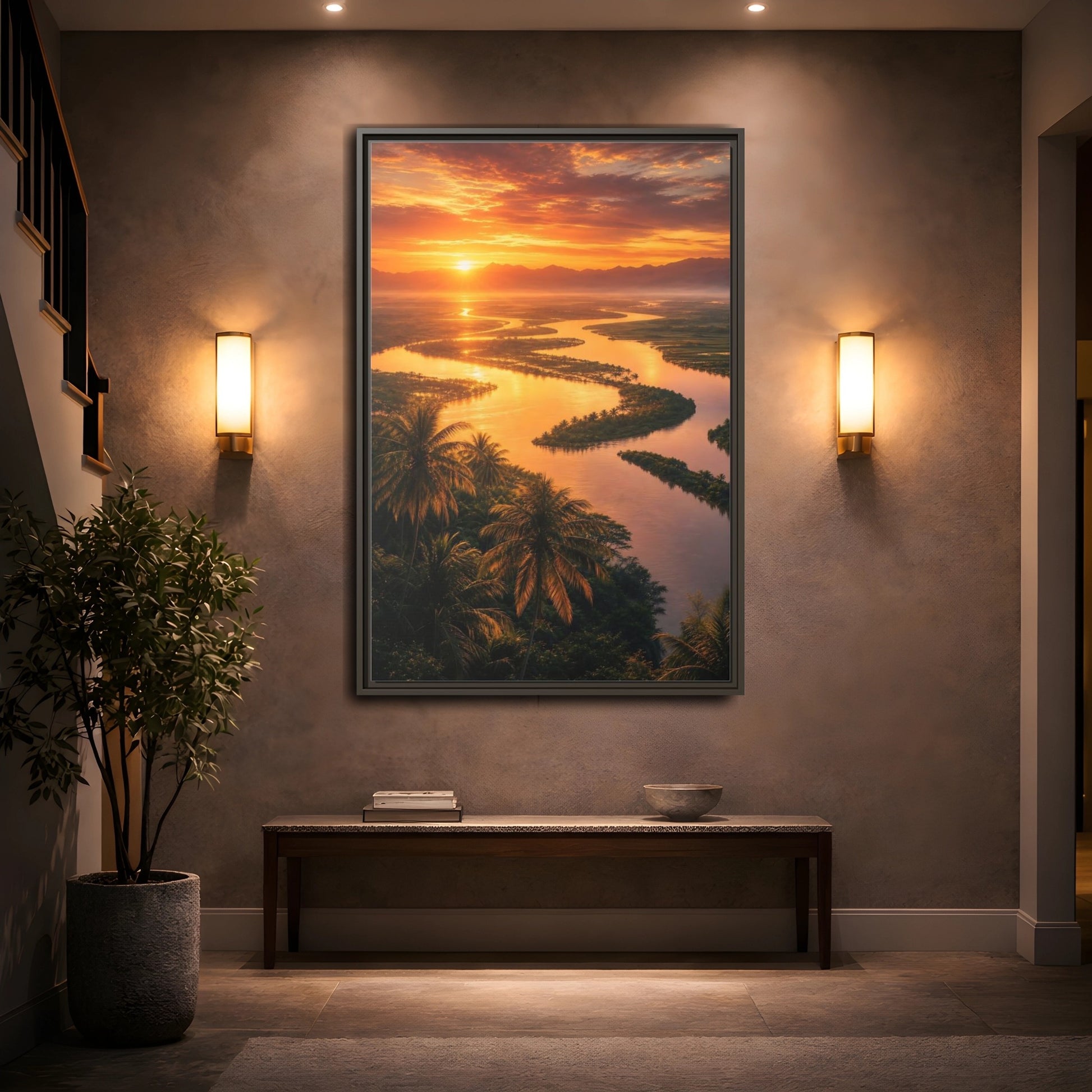Mockup 2. Nature Winding River Orange River Sunset shown as stretched canvas wall art