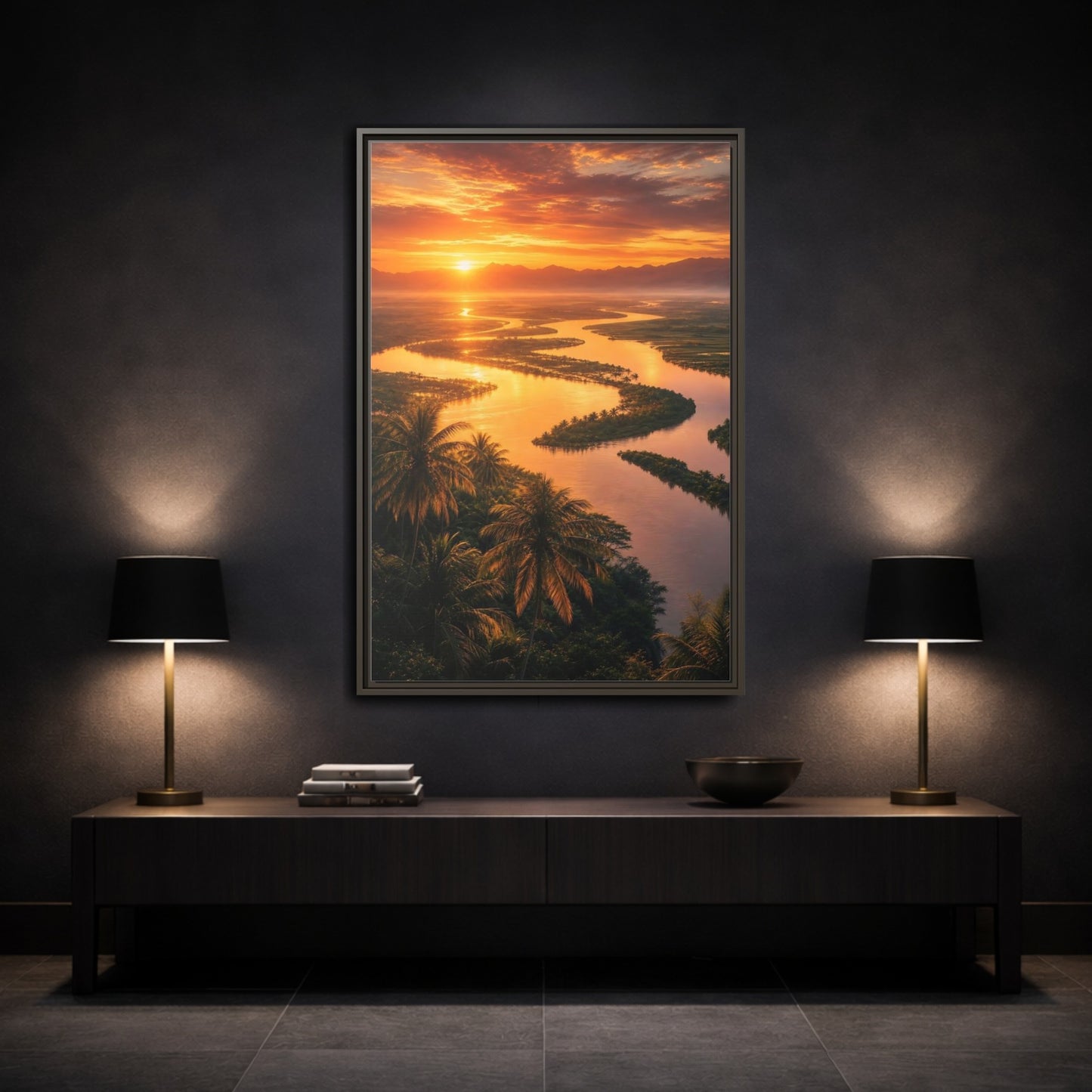 Mockup 3. Nature Winding River Orange River Sunset shown as stretched canvas wall art