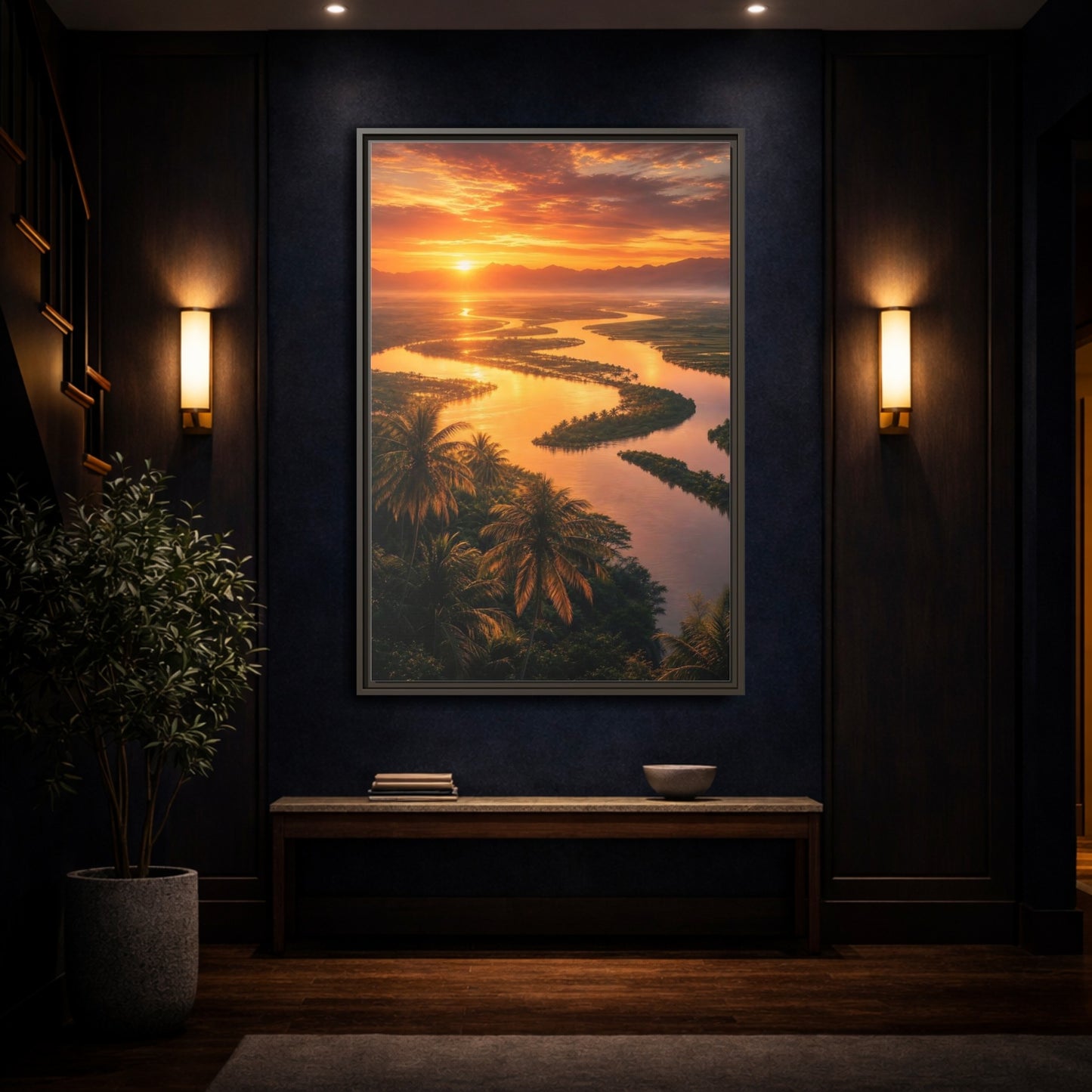 Mockup 4. Nature Winding River Orange River Sunset shown as stretched canvas wall art