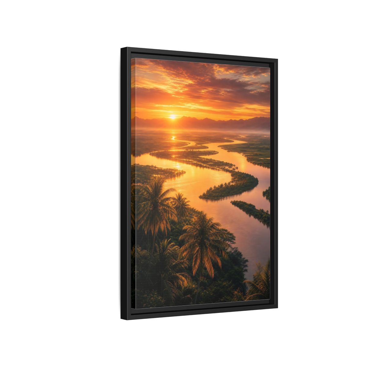 Side Mockup 3. Nature Winding River Orange River Sunset shown as stretched canvas wall art