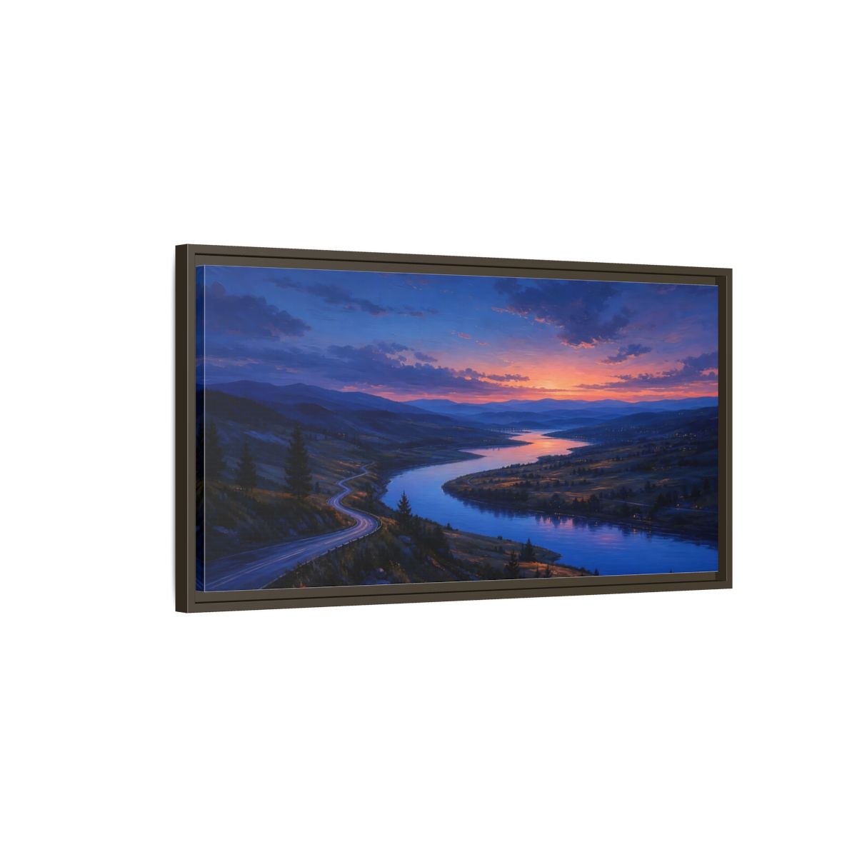 Main Mockup. Nature Winding River Twilight River Valley shown as stretched canvas wall art