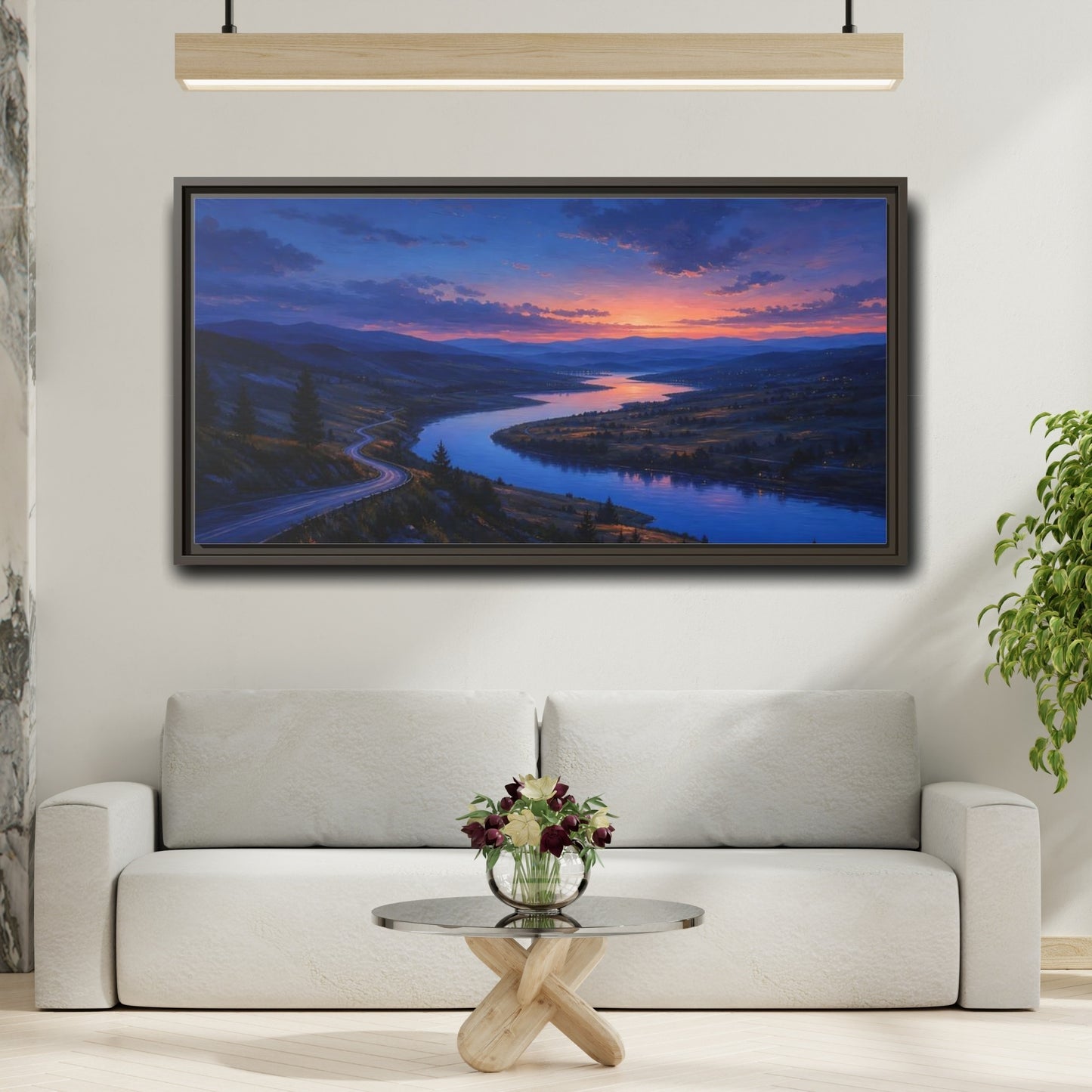 Mockup 2. Nature Winding River Twilight River Valley shown as stretched canvas wall art