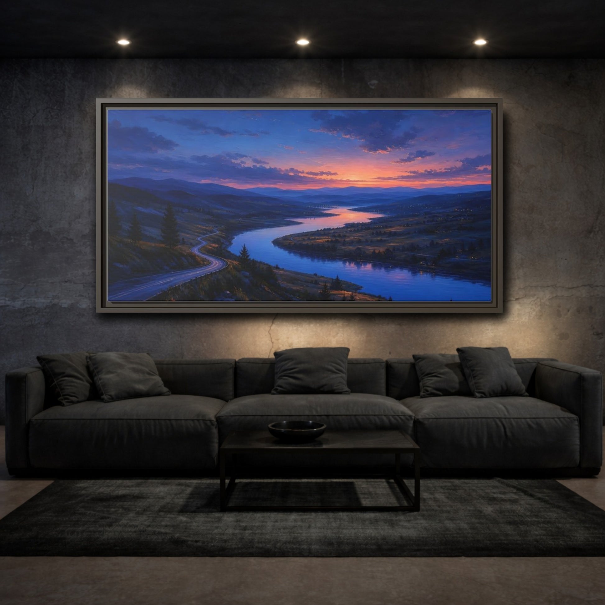 Mockup 3. Nature Winding River Twilight River Valley shown as stretched canvas wall art